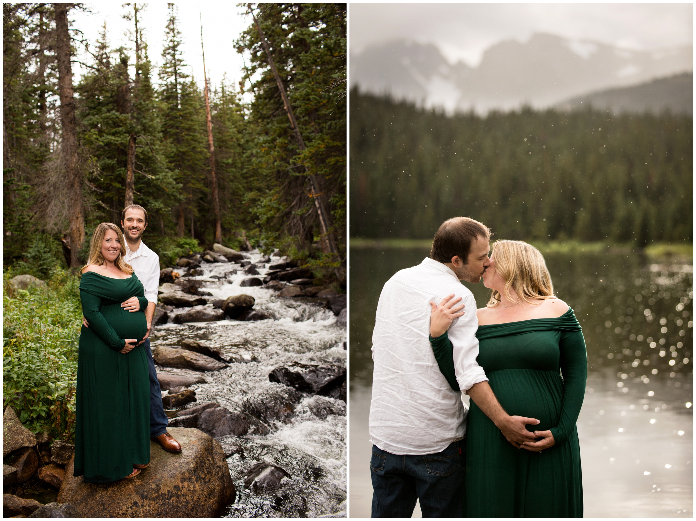 couple posing next to a river during Colorado mountain maternity pictures 