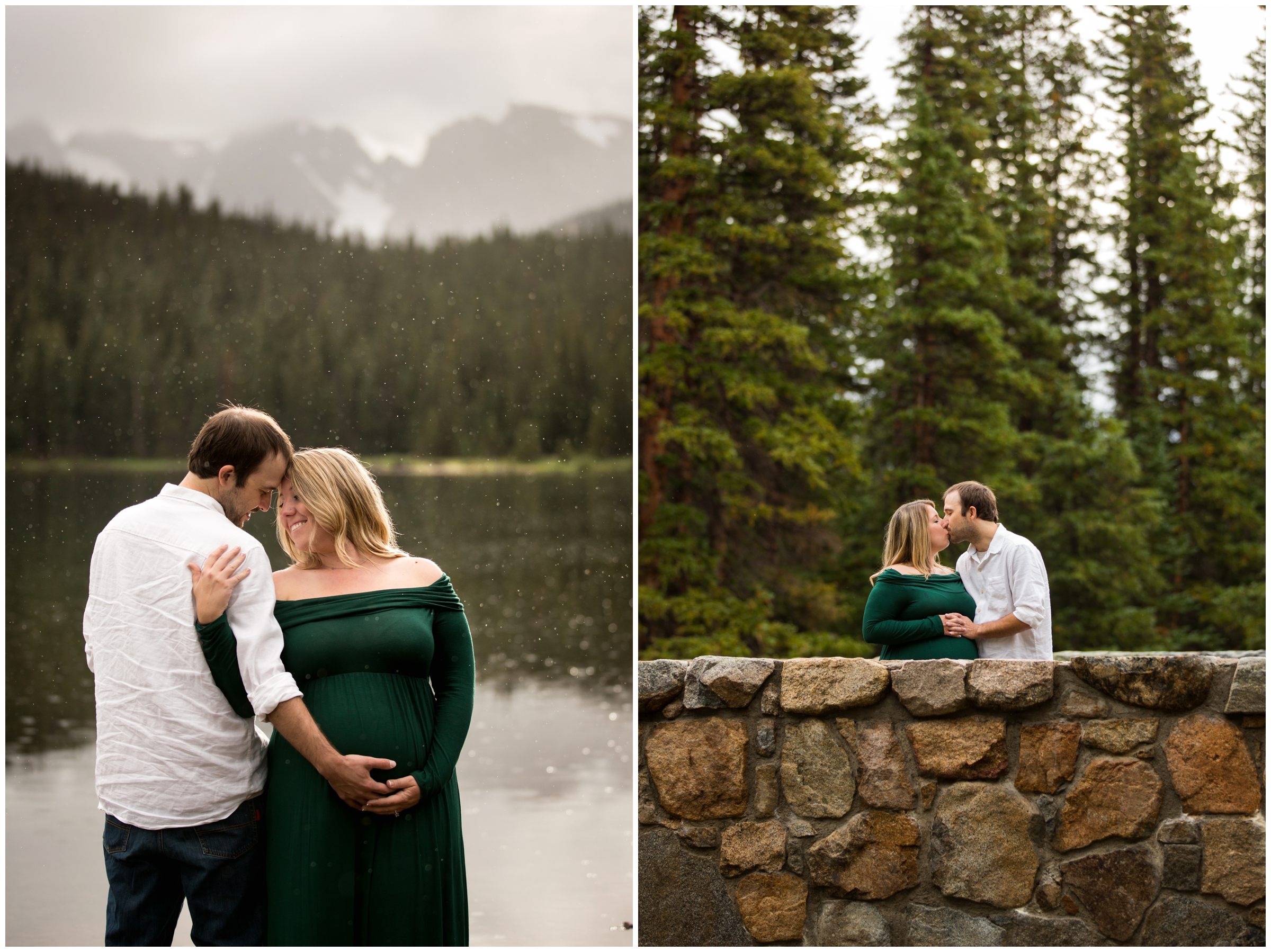expectant parents kissing on a stone bridge at Brainard Lake Colorado 