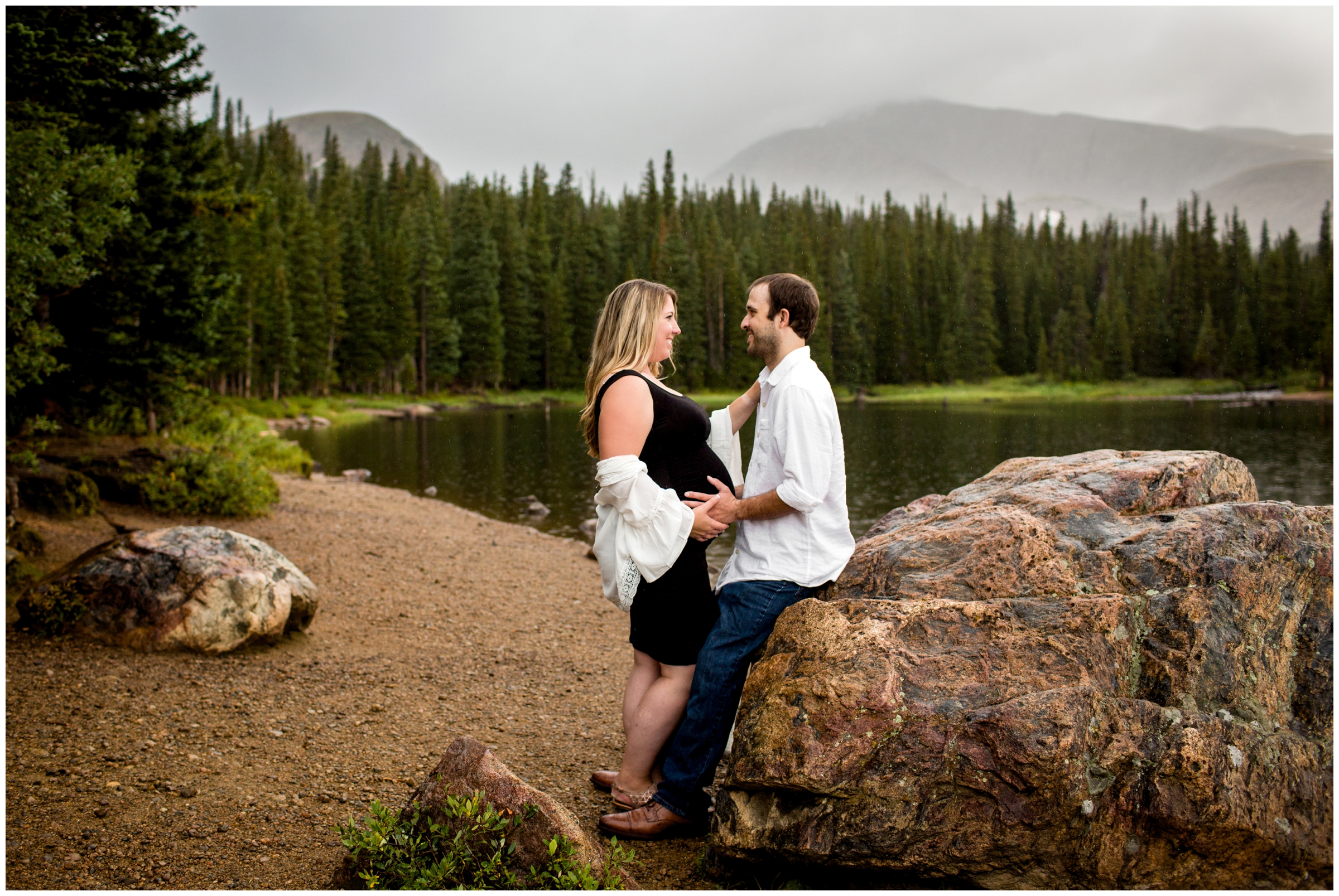 pregnancy photos in front of a Colorado mountain lake 