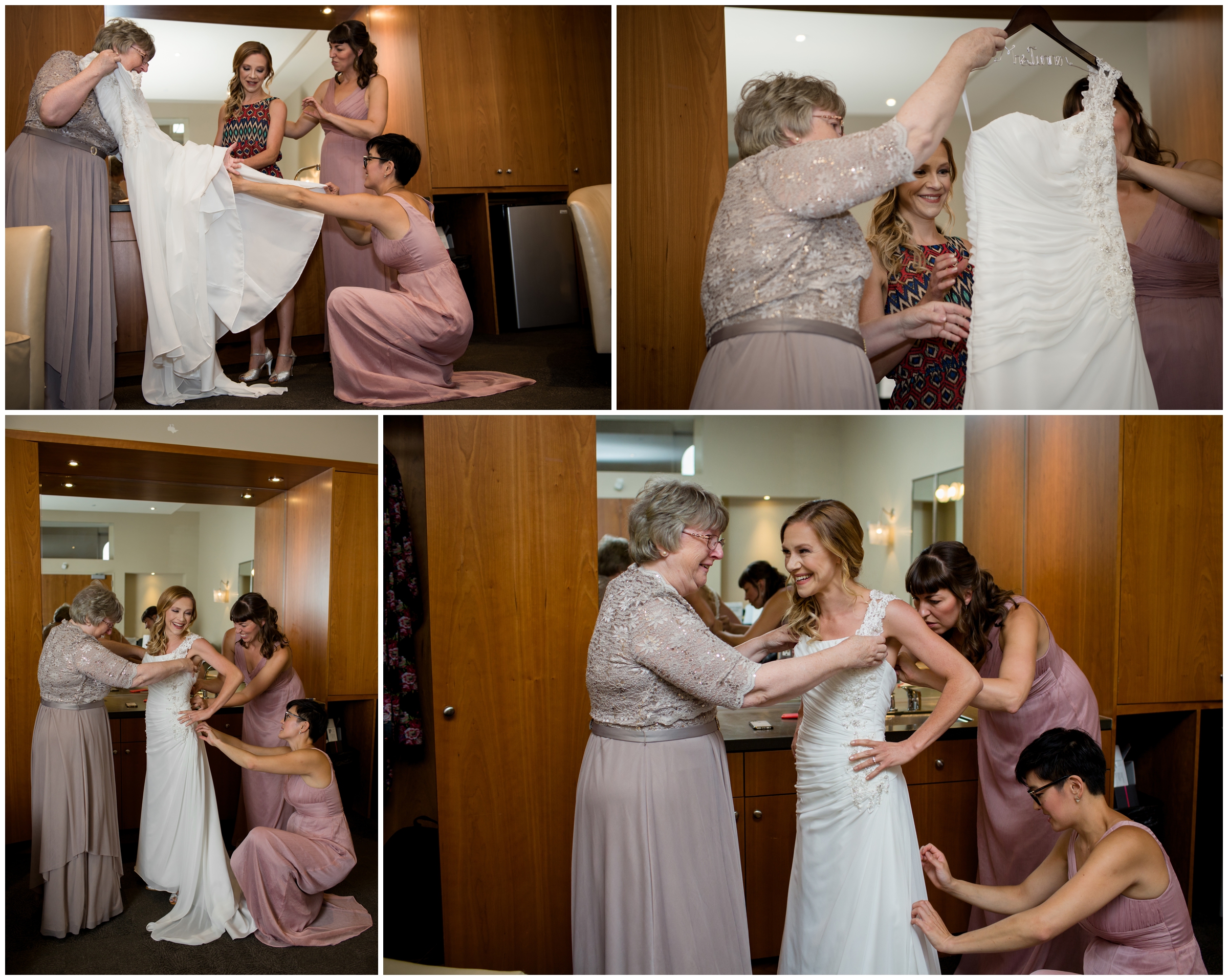 bride getting in dress at Studio loft Denver wedding 