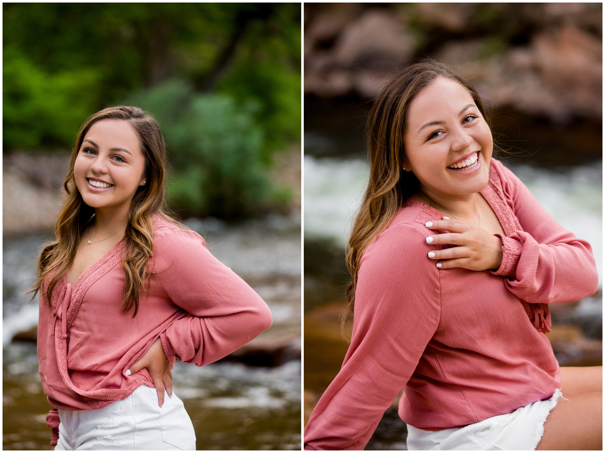 teen posing next to river during Lyons Colorado senior photos 