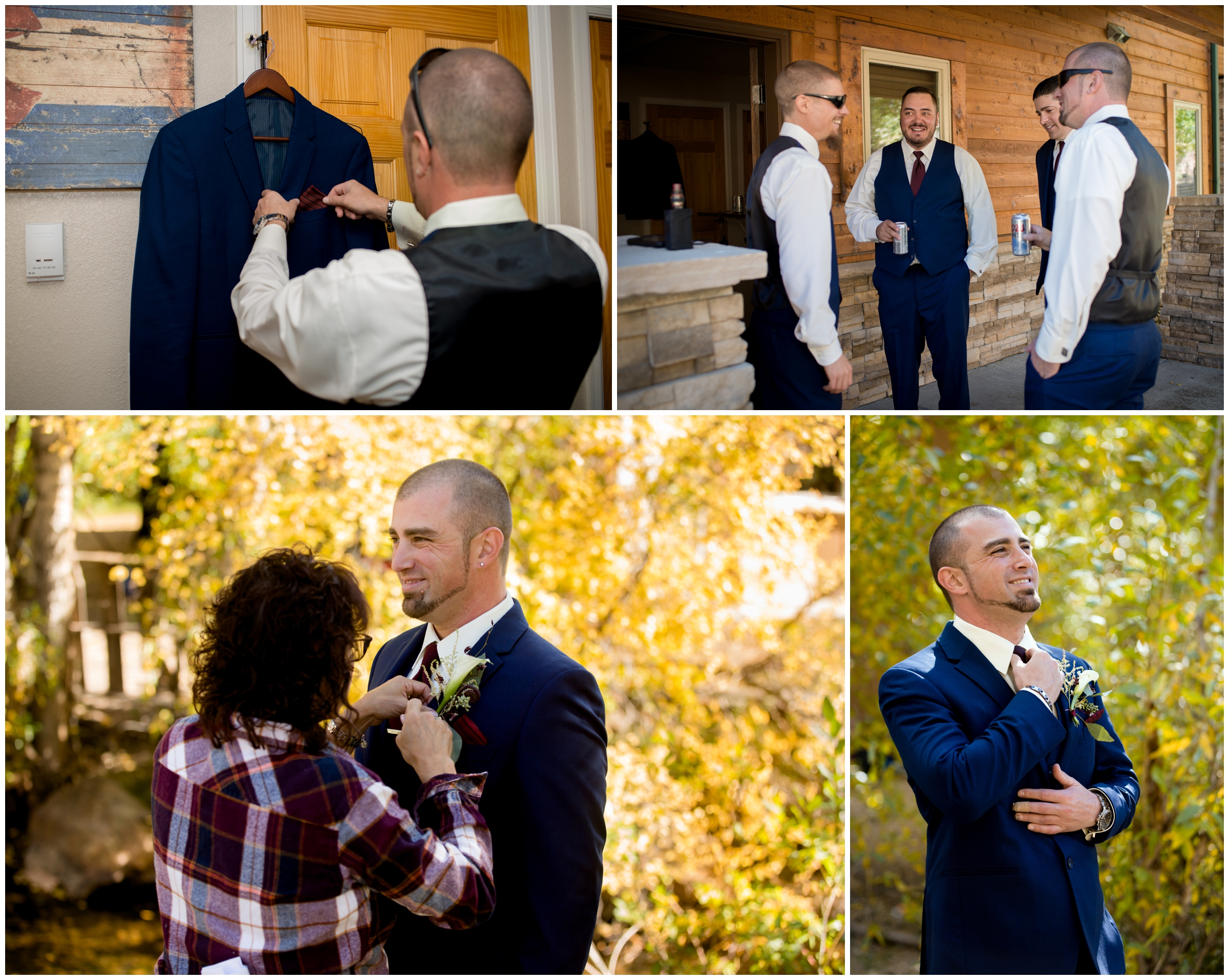 groom getting ready before Colorado fall wedding 