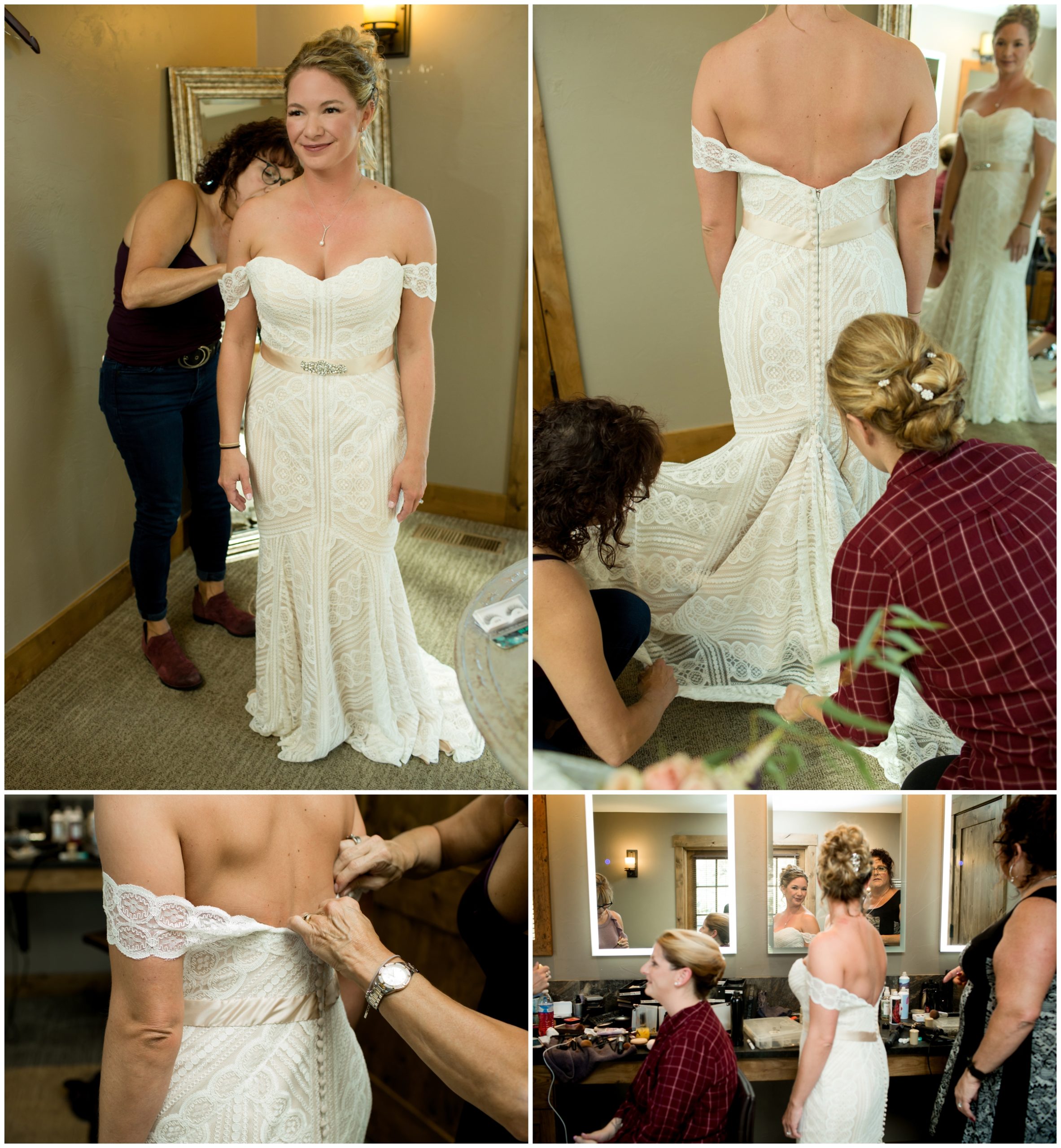 bride getting in dress for Estes Park fall wedding