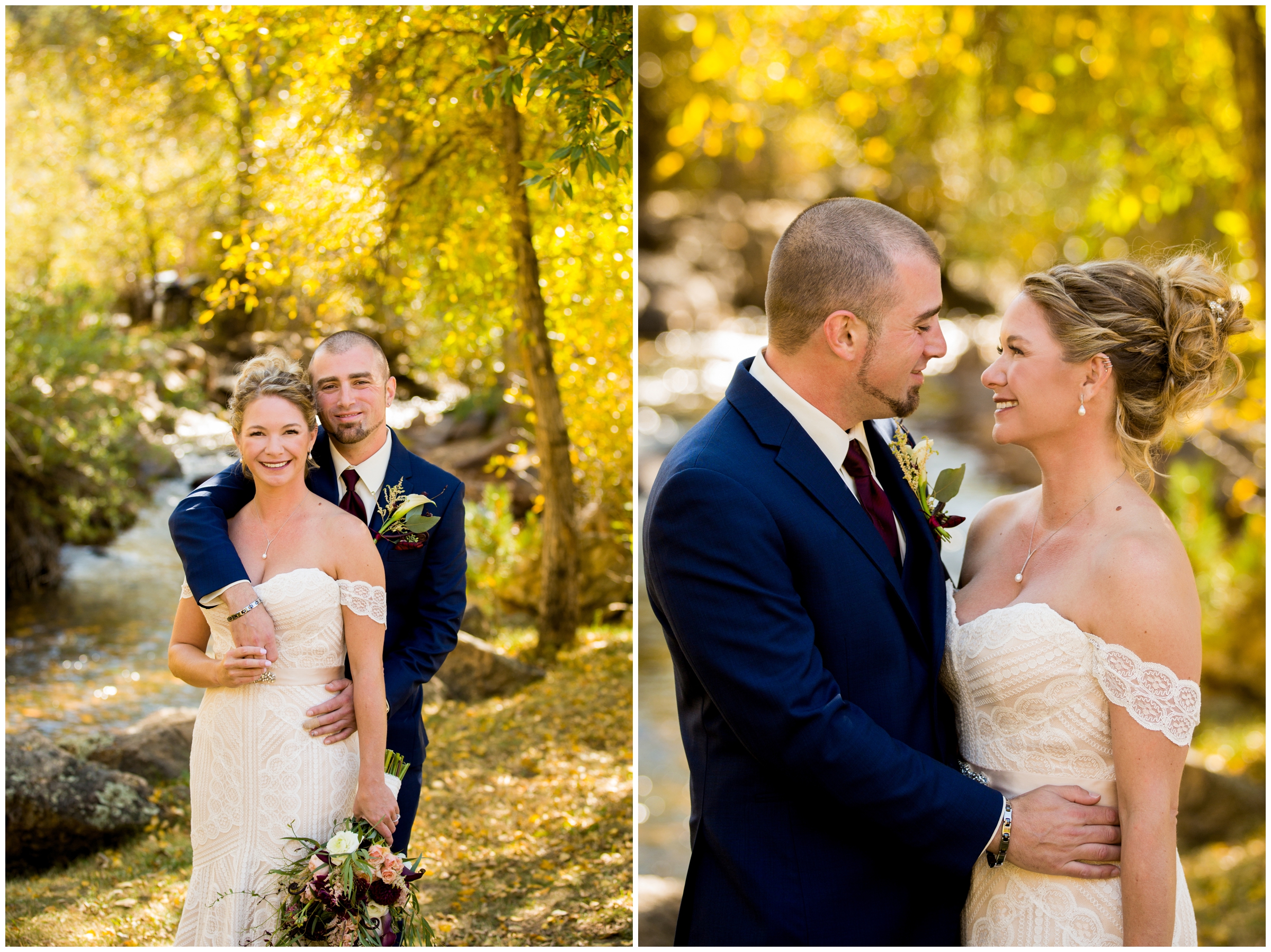 bride and groom embracing amongst fall foliage at Estes Park Skyview Fall River wedding