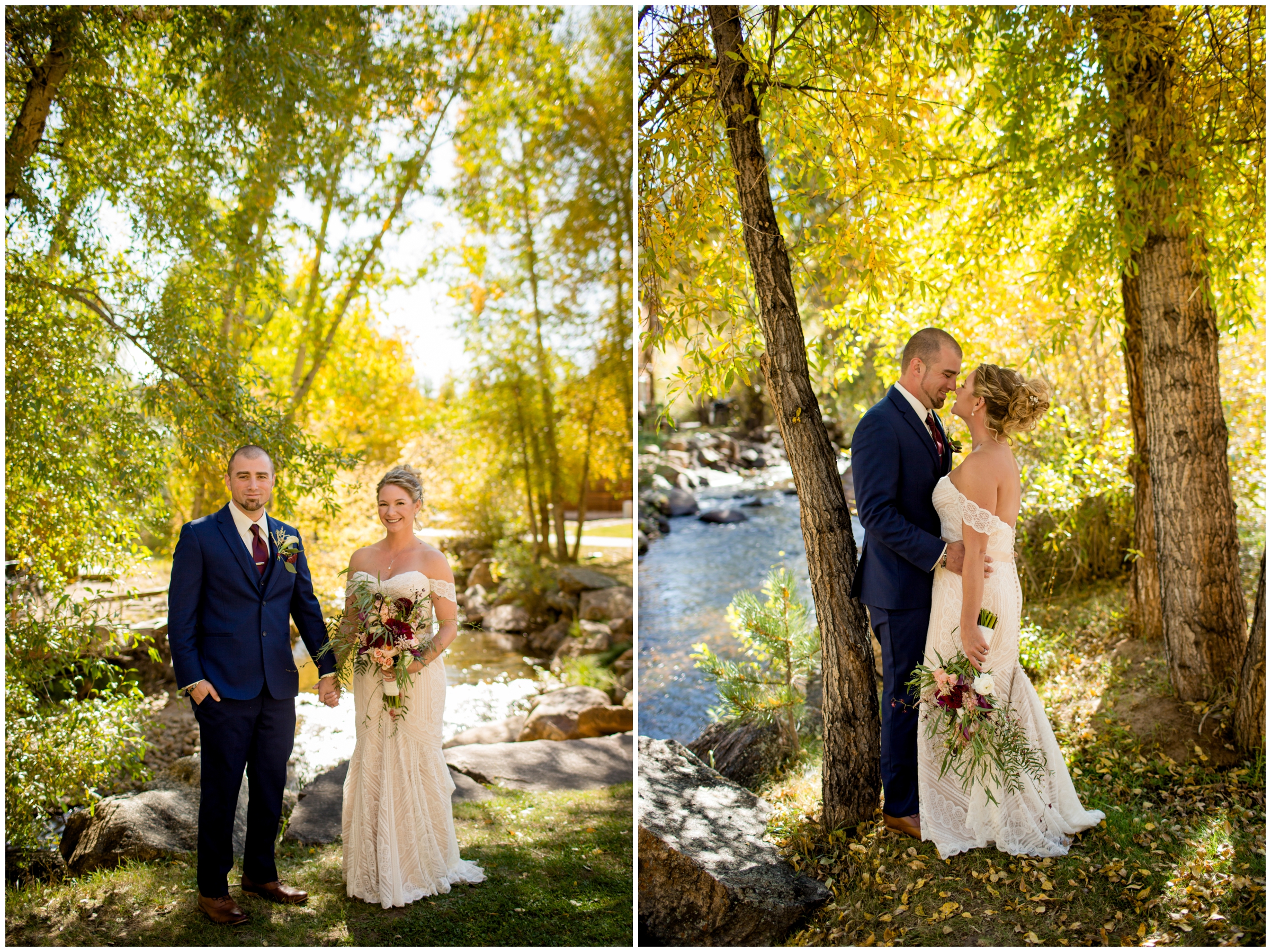 couple posing by the river at Estes Park Colorado fall wedding 