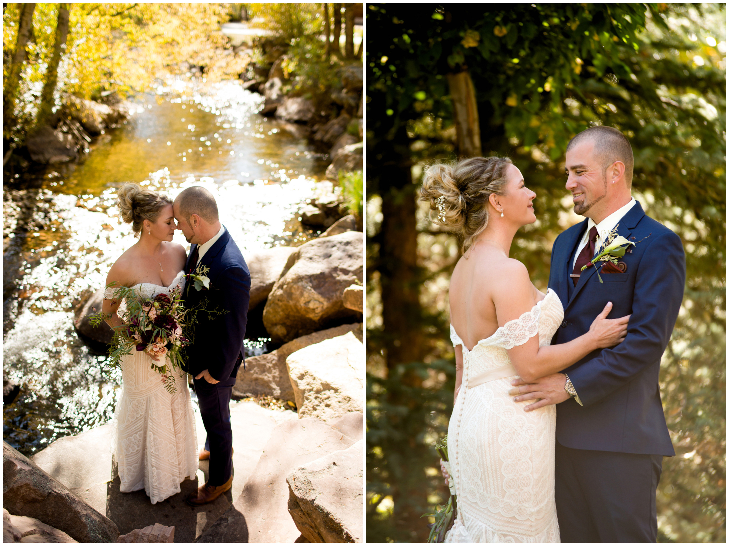 couple posing by river at Skyview Fall River Village wedding portraits by Plum Pretty Photo 