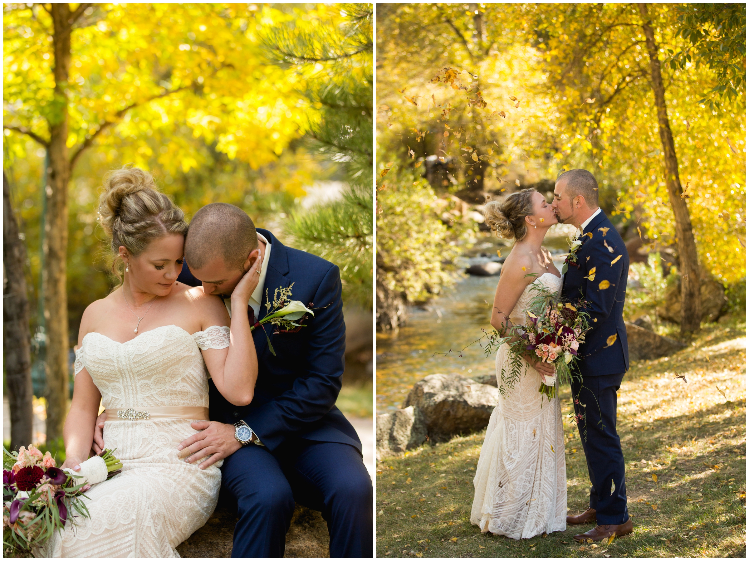 couple kissing with colorful fall foliage in background during Estes Park Colorado wedding photos 