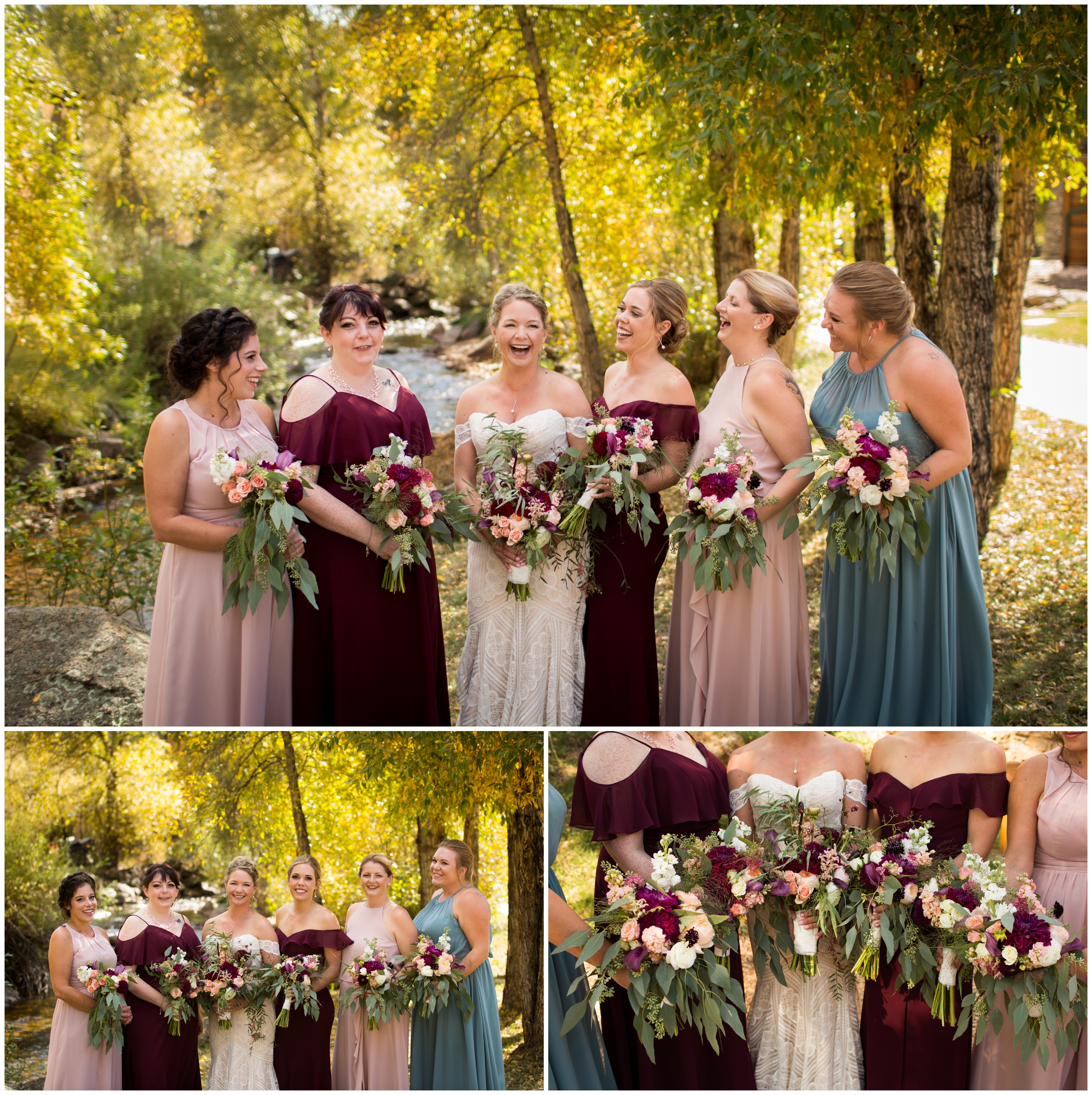 bride and bridesmaids posing next to river during Estes Park fall wedding 