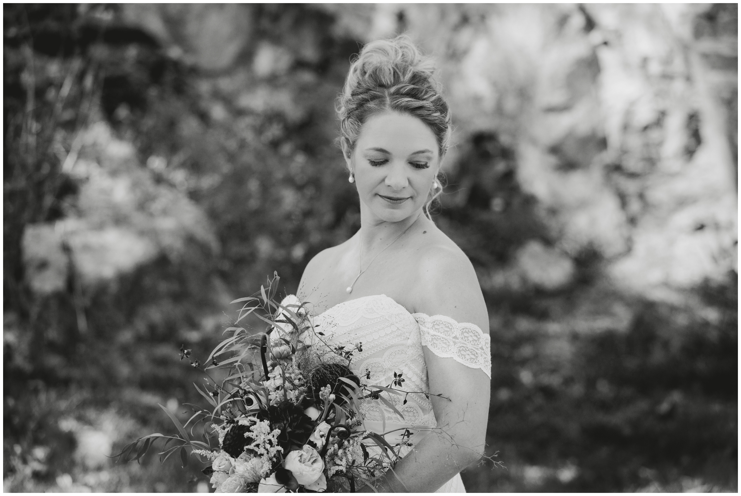 black and white photo of bride at Skyview Estes Park wedding 