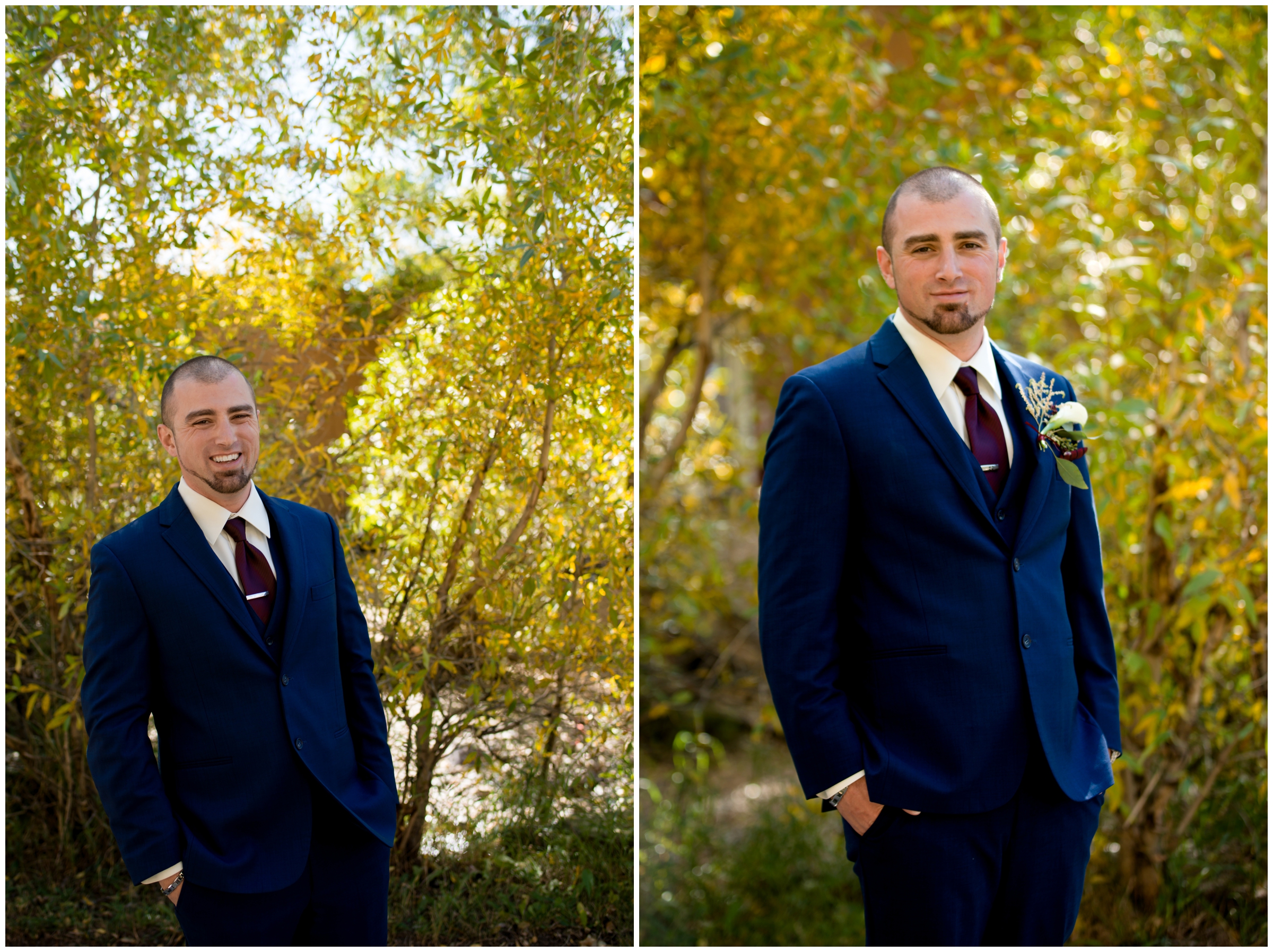 groom posing in front of fall foliage at Fall River Village Estes Park wedding 