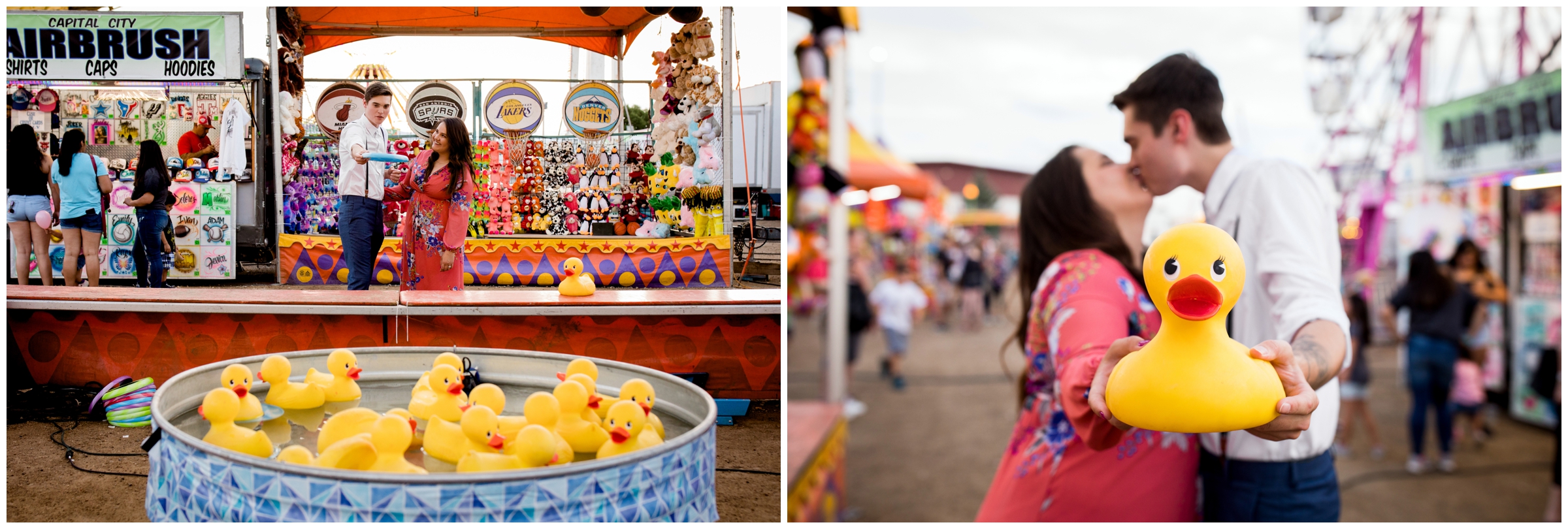 couple playing ring toss at Boulder County Fair during Colorado carnival engagement photos 