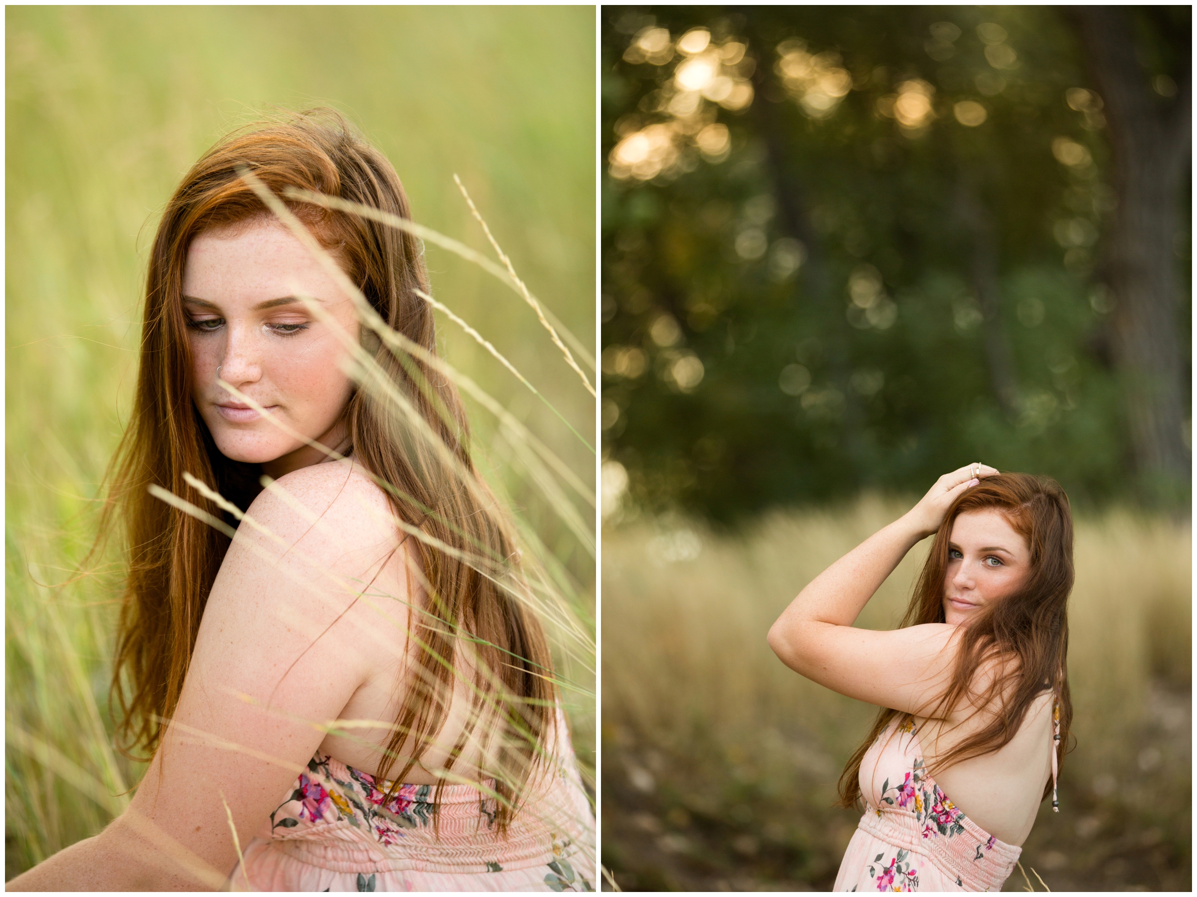 teen girl sitting in field of long grasses during Colorado senior pictures 