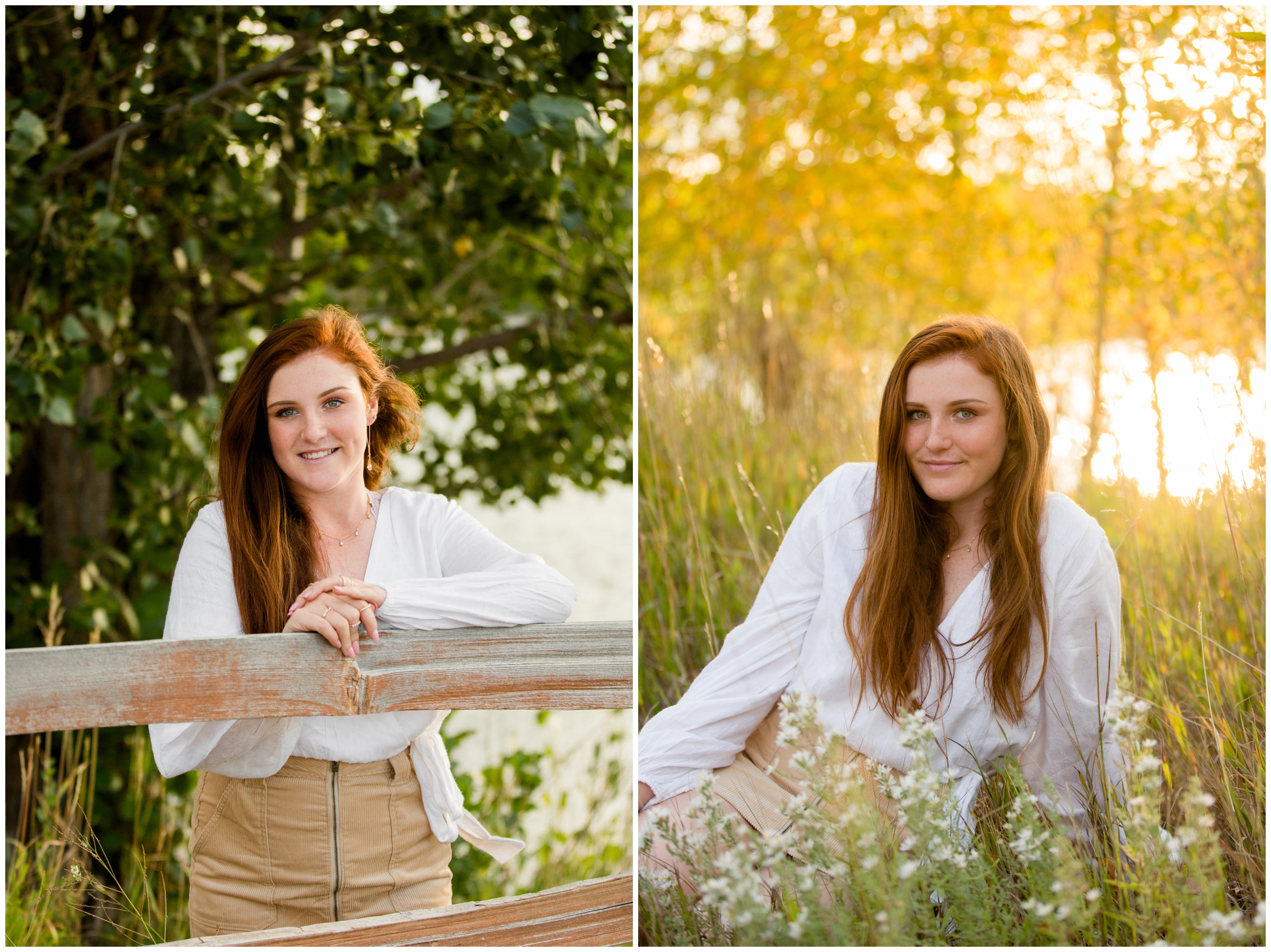 teen sitting in the grass with fall foliage in background at Longmont senior photos