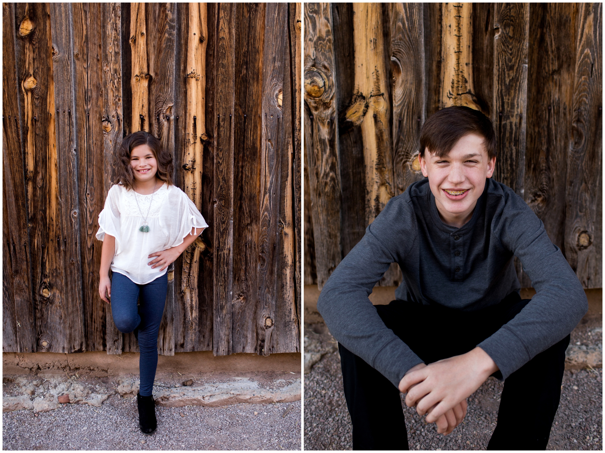 kids leaning against a barn at rustic Loveland Colorado family photo shoot 