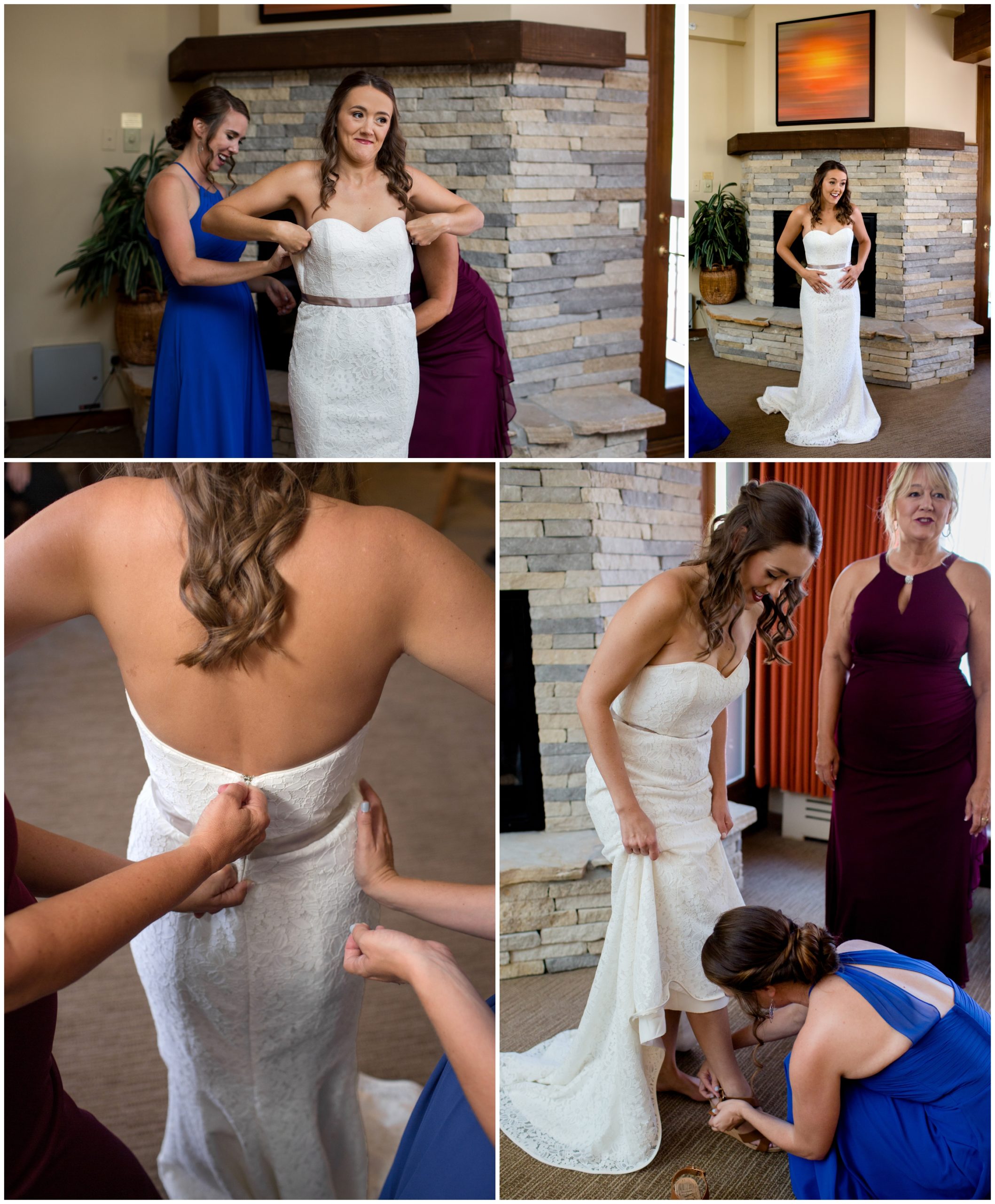 colorado bride getting in to her strapless wedding dress 