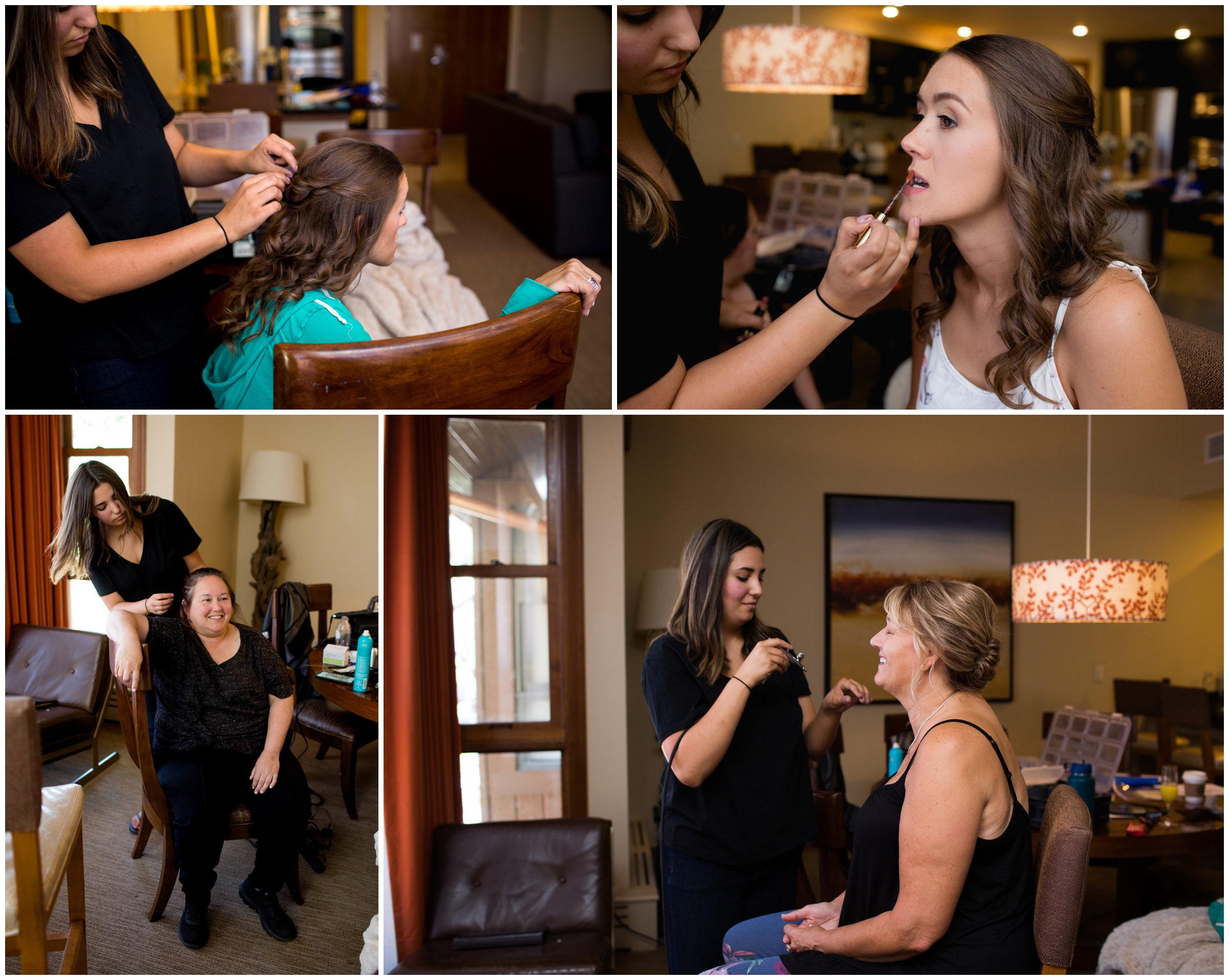 bride getting hair and make-up done at Colorado lodge hotel 