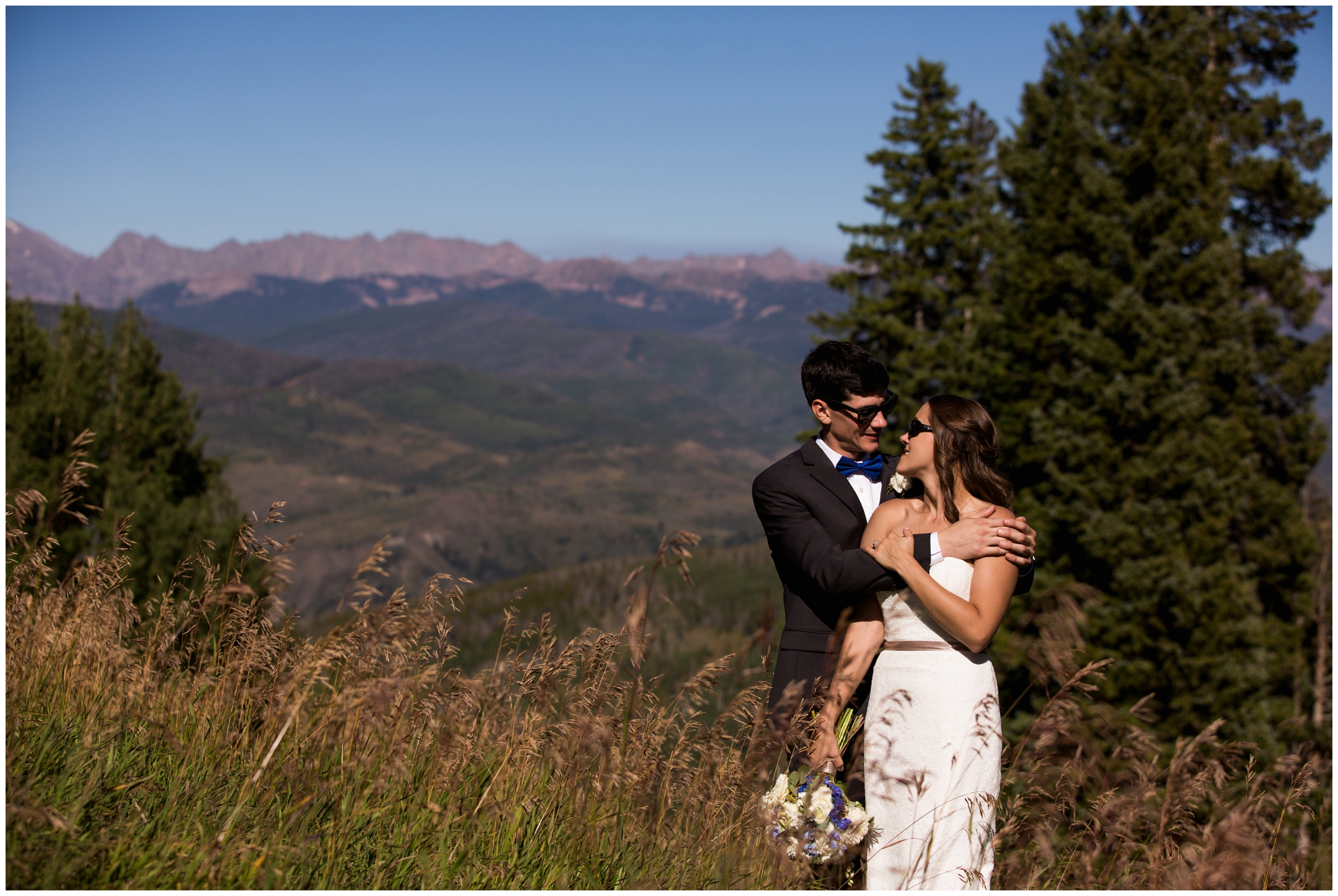 bride and groom in sunglasses during Colorado mountain wedding 