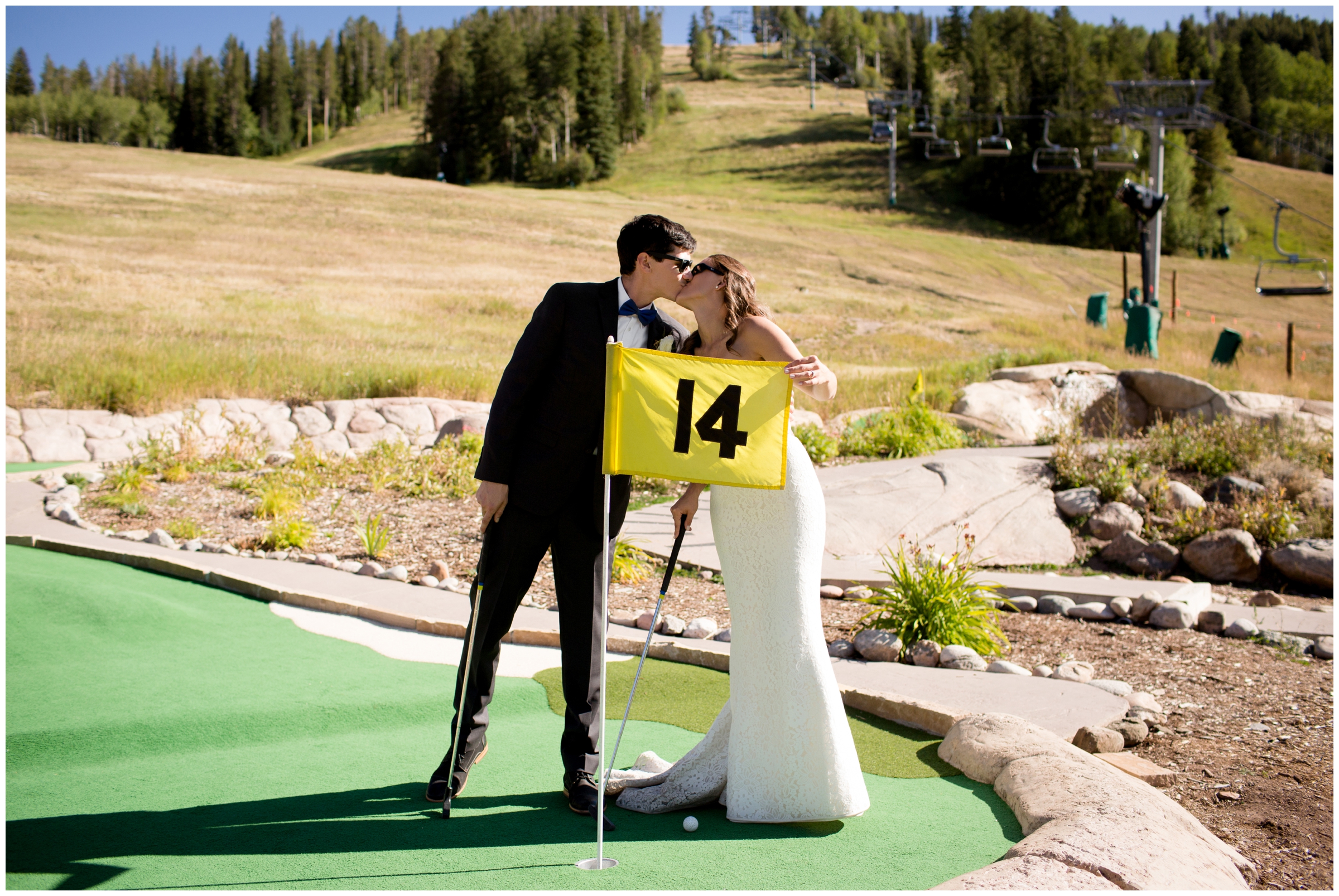 bride and groom mini golfing at their Colorado resort wedding 