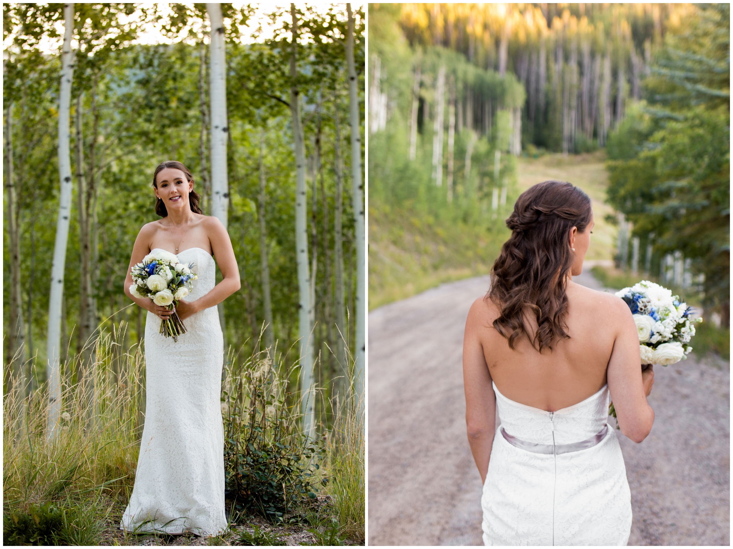 bride posing in front of aspen trees at Allie's Cabin Colorado wedding reception 