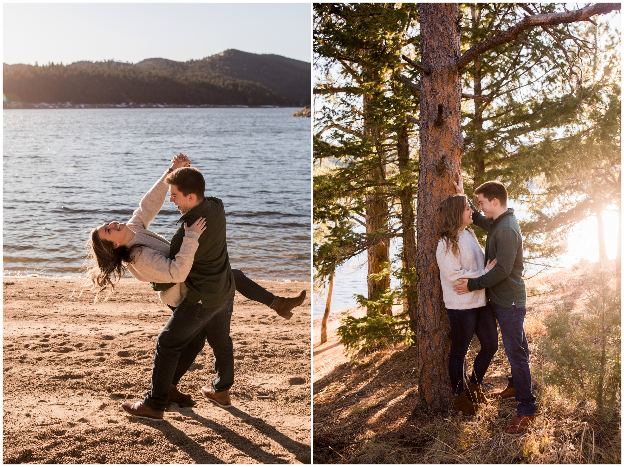 guy dipping girl on reservoir beach during Colorado couple's photoshoot 