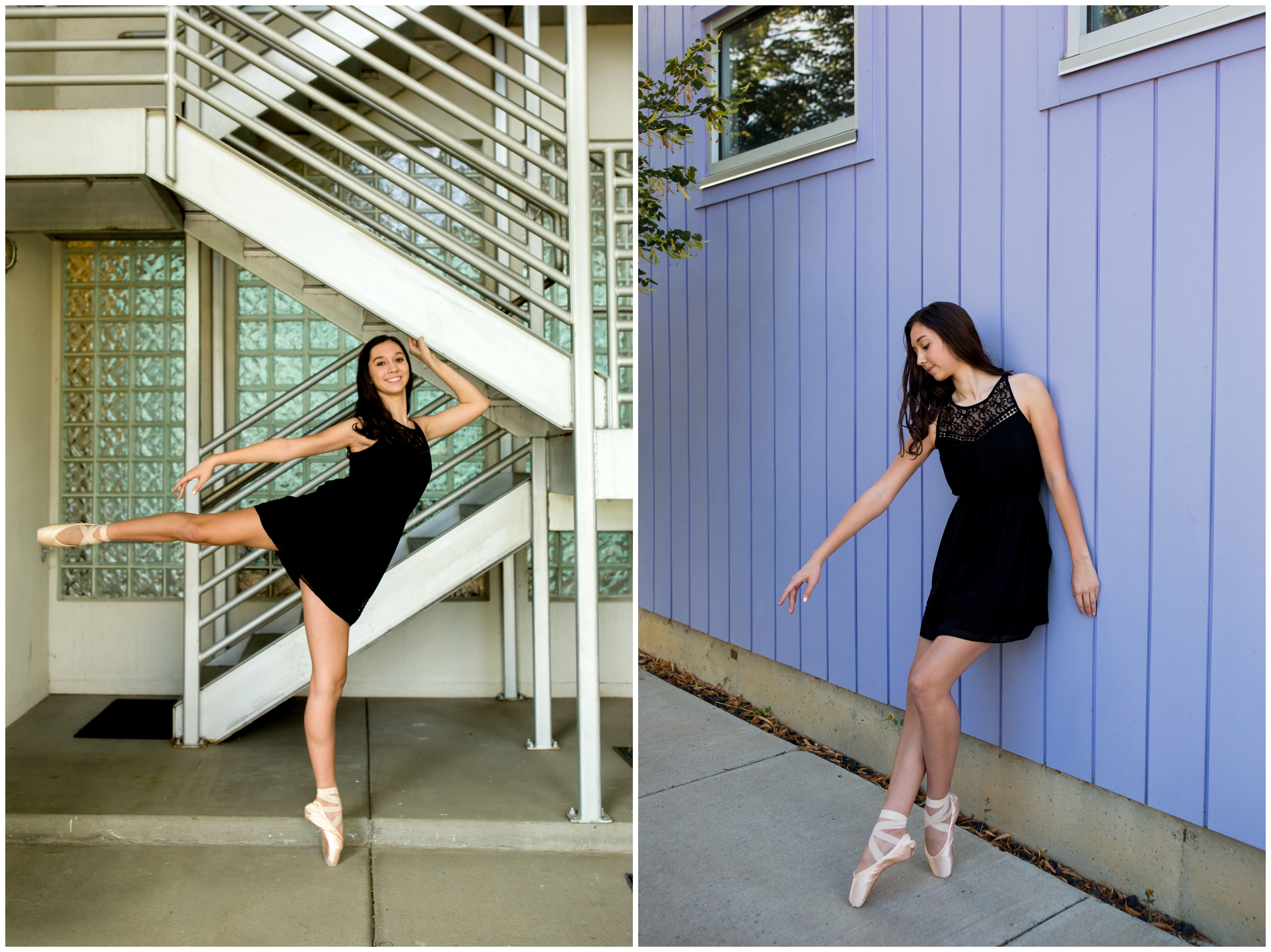 teen ballerina posing on staircase during Colorado senior photography session by Plum Pretty Photo