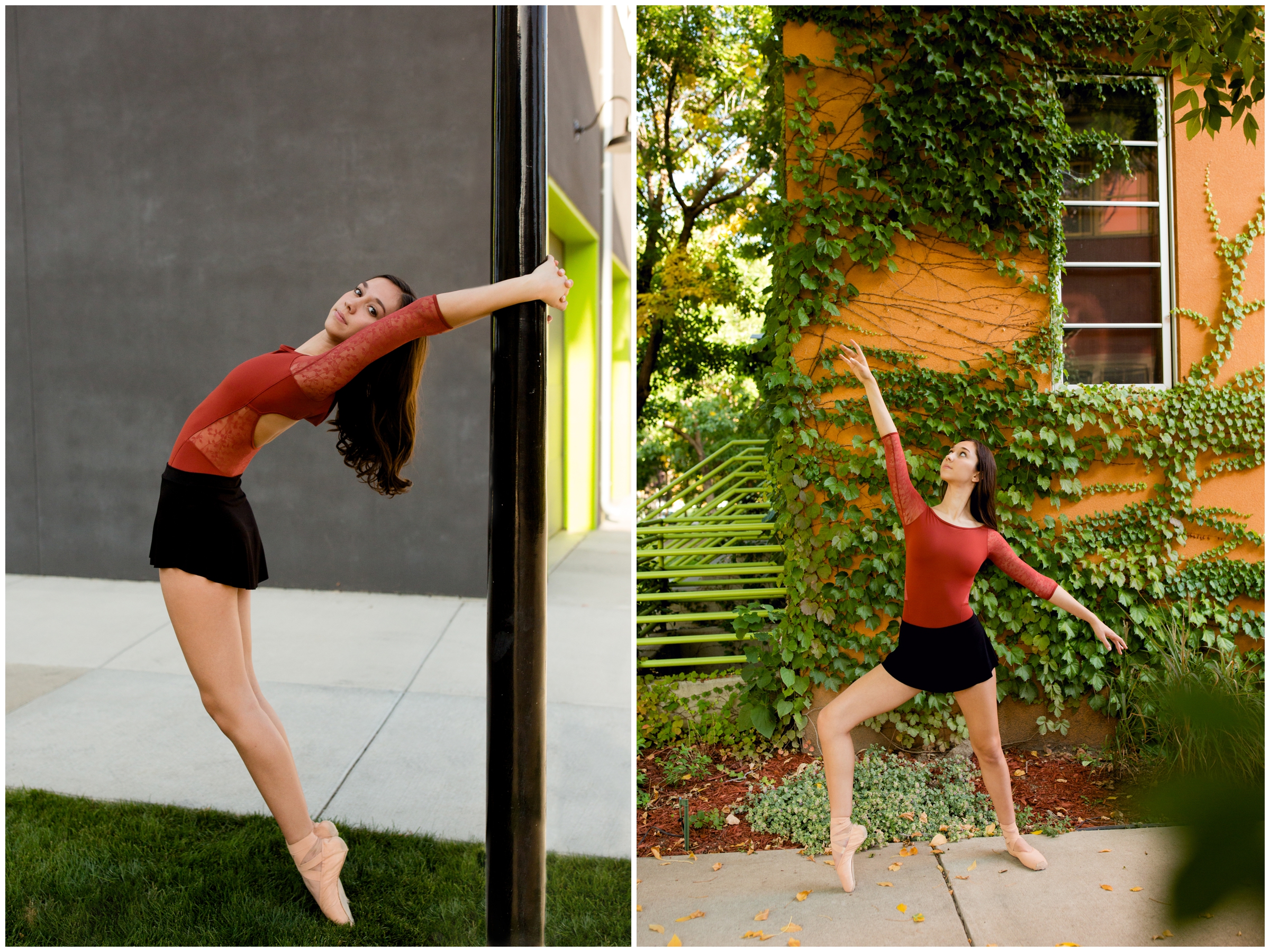 ballerina arching on lamppost during Colorado ballet senior portraits 