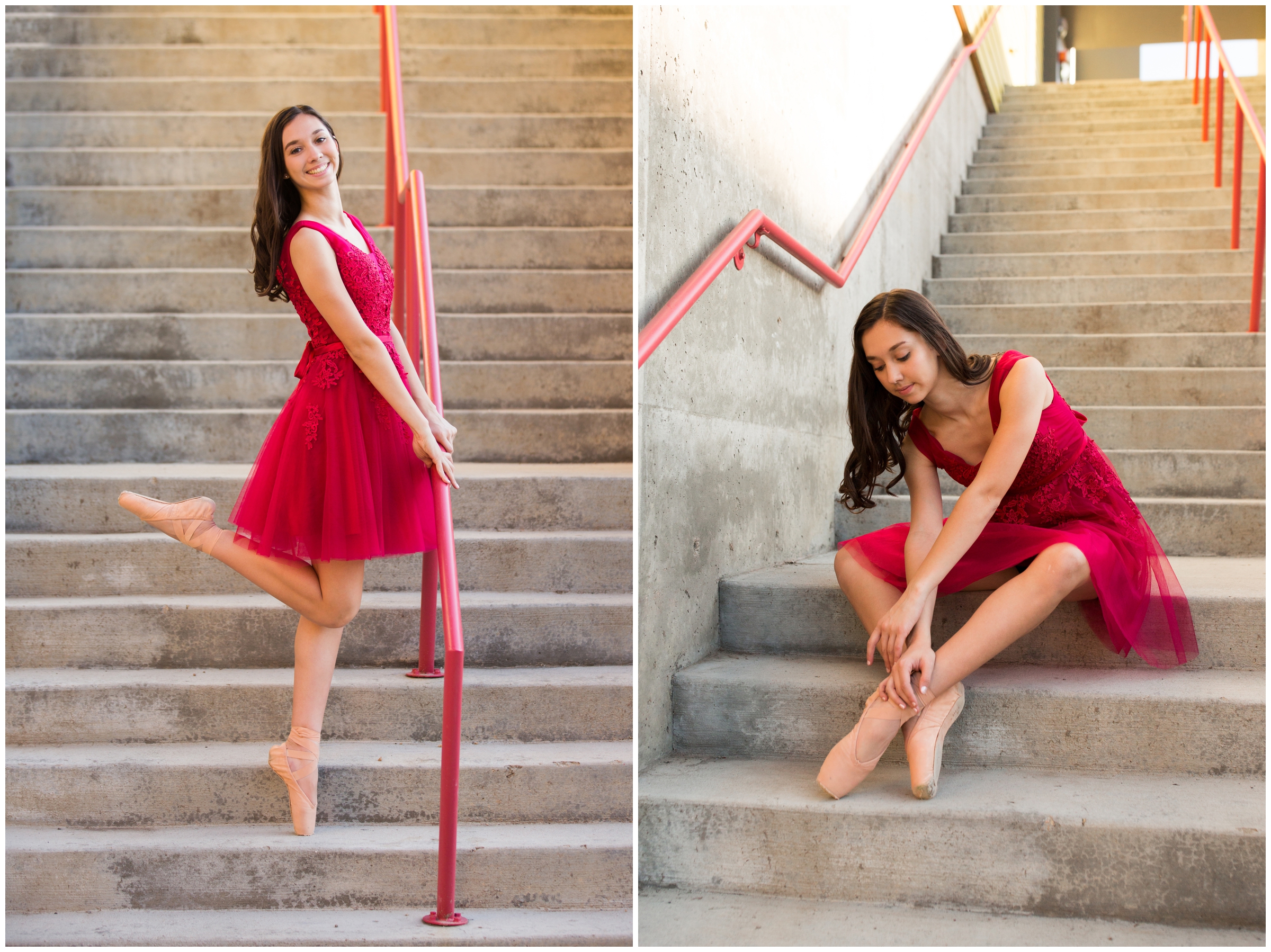 ballerina in a red dress posing en pointe during ballet senior portraits in Colorado 