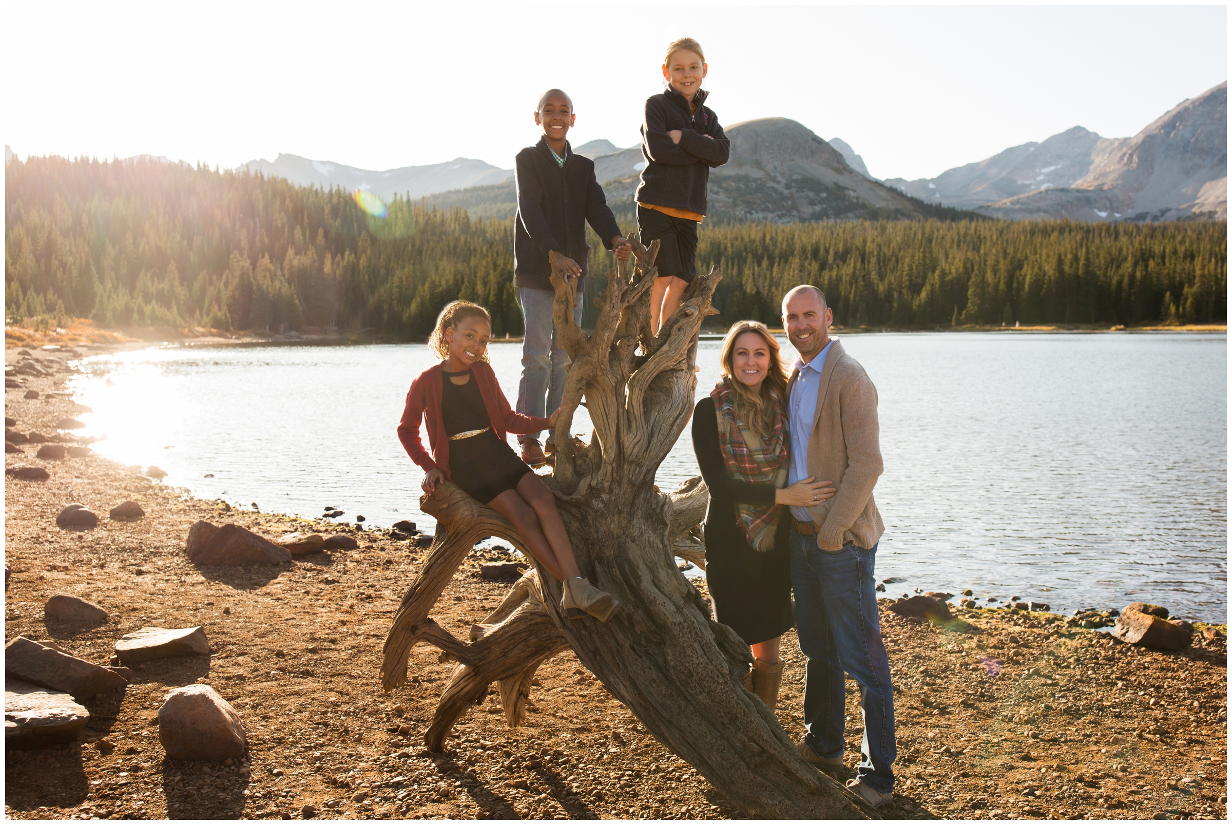 family posing on driftwood during Colorado lake family photography session 
