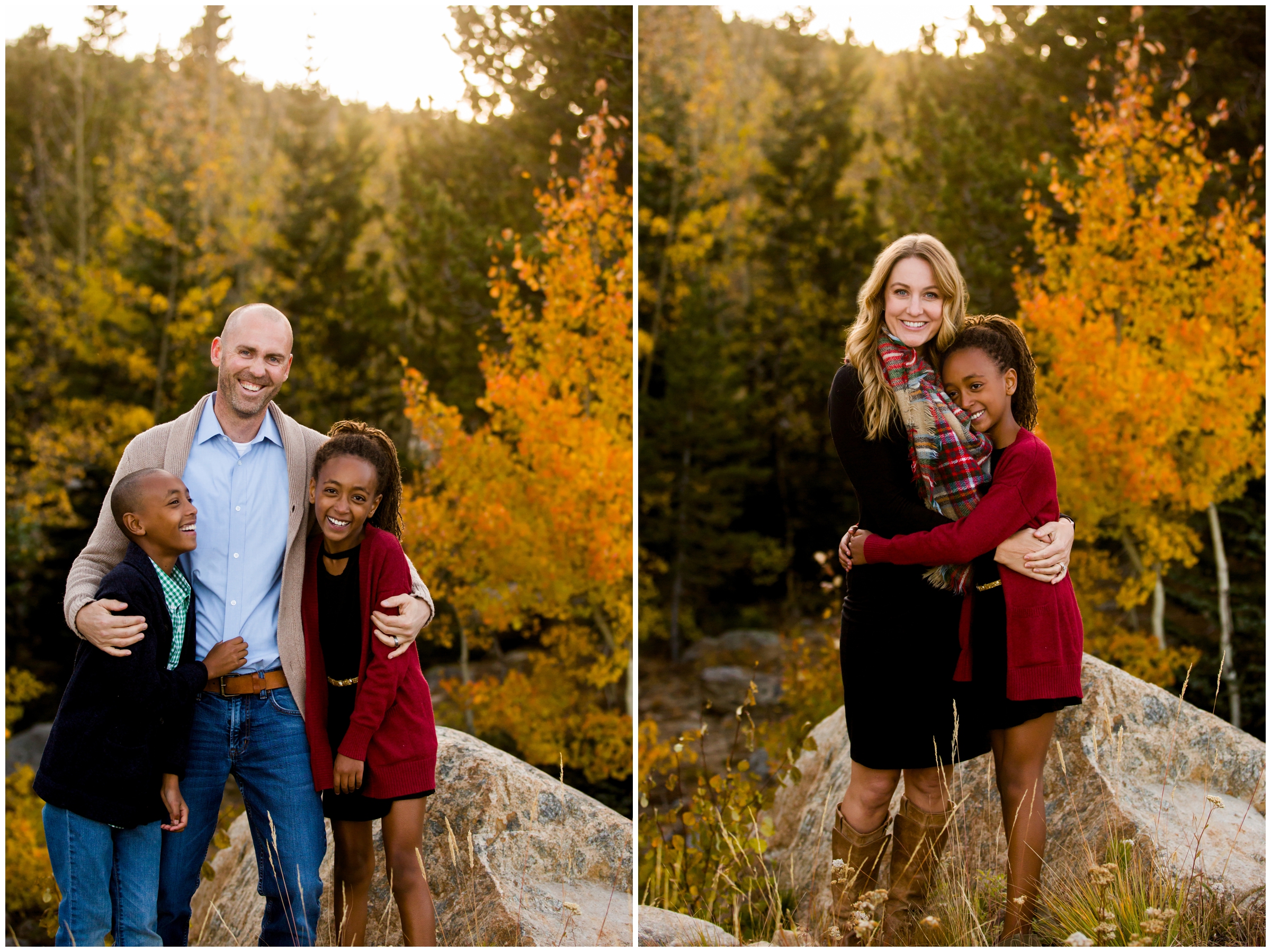 family posing in front of fall foliage during Colorado mountain photography session 