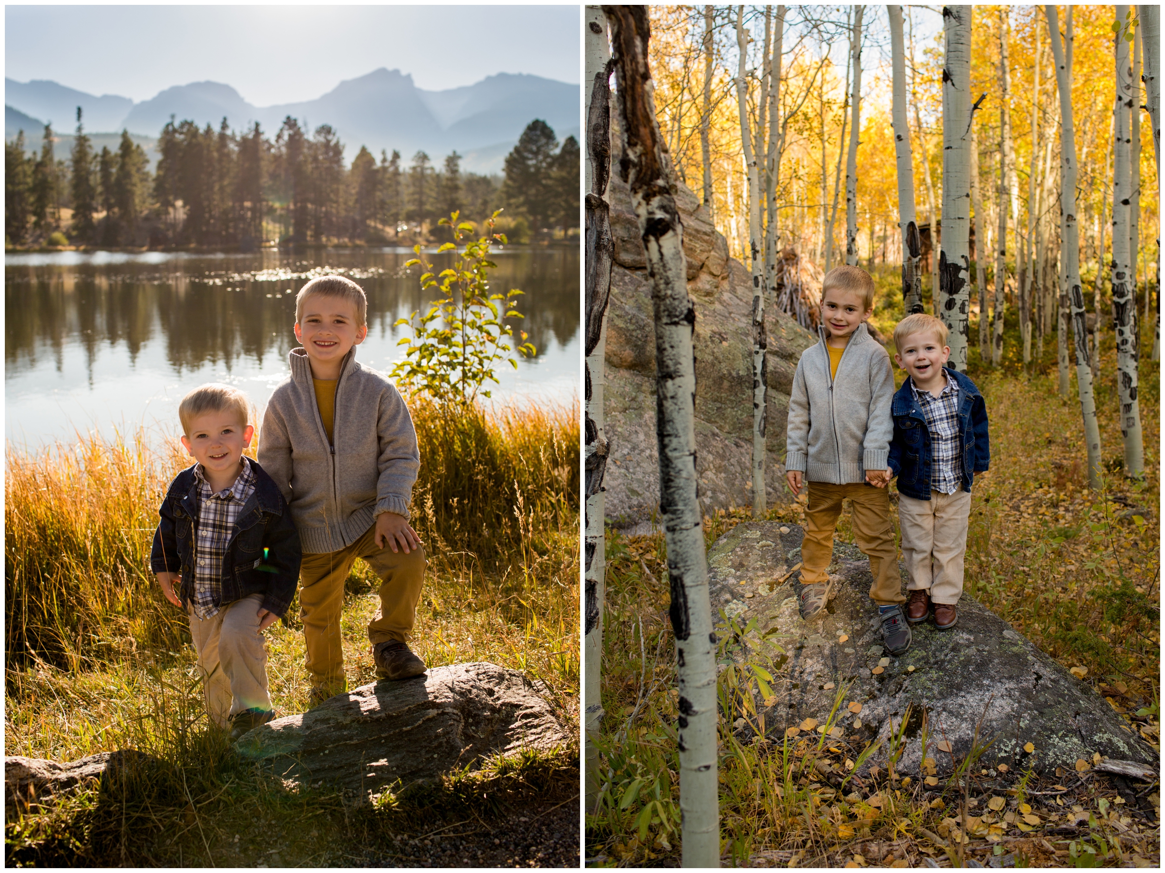 little boys standing in aspen grove during Estes Park family photography session 