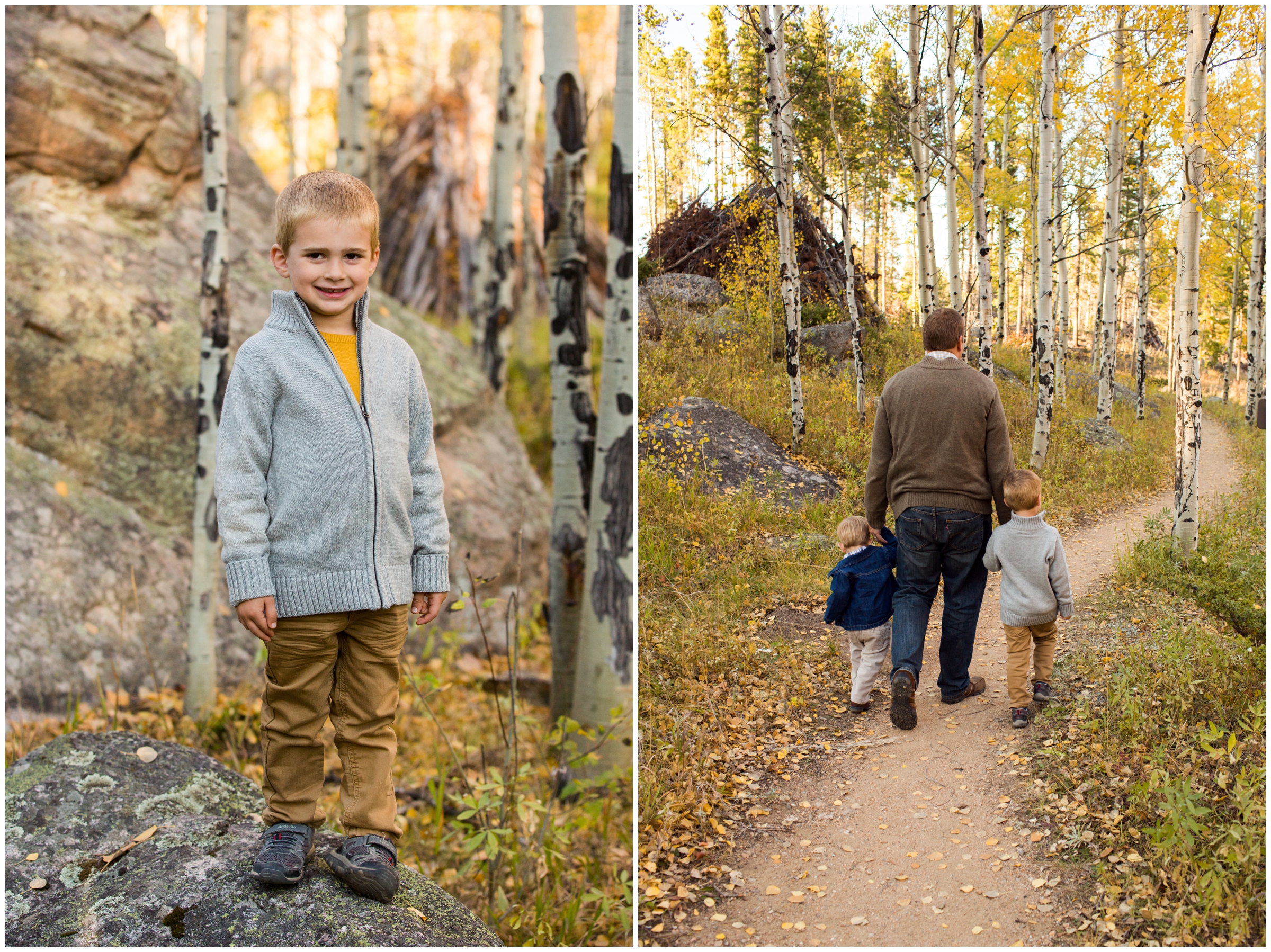 boys and dad walking down trail in Rocky Mountain National Park 