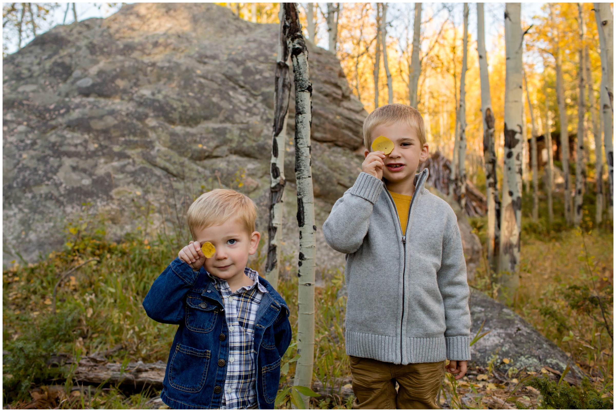 little boys holding leaves over eyes during Colorado fall family pictures