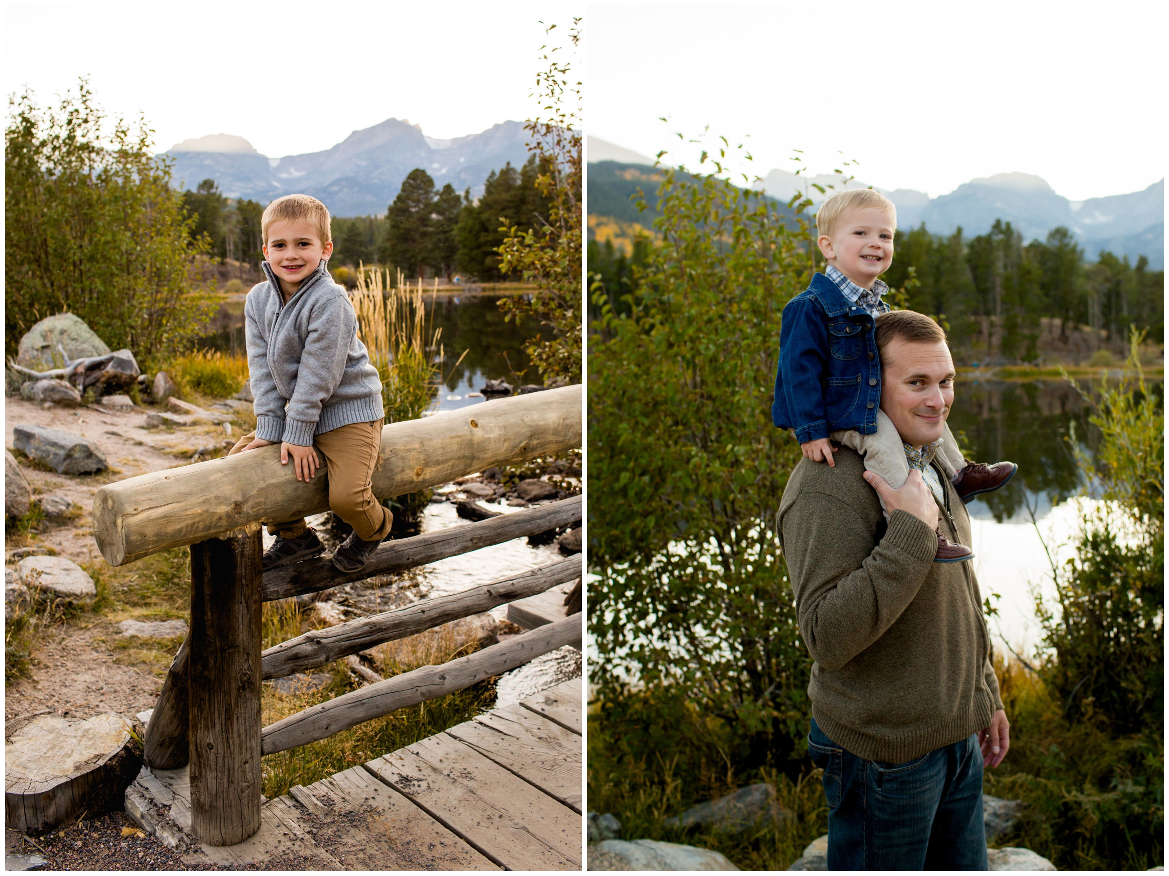 little boy on dad's shoulders during Estes Park fall family portraits 