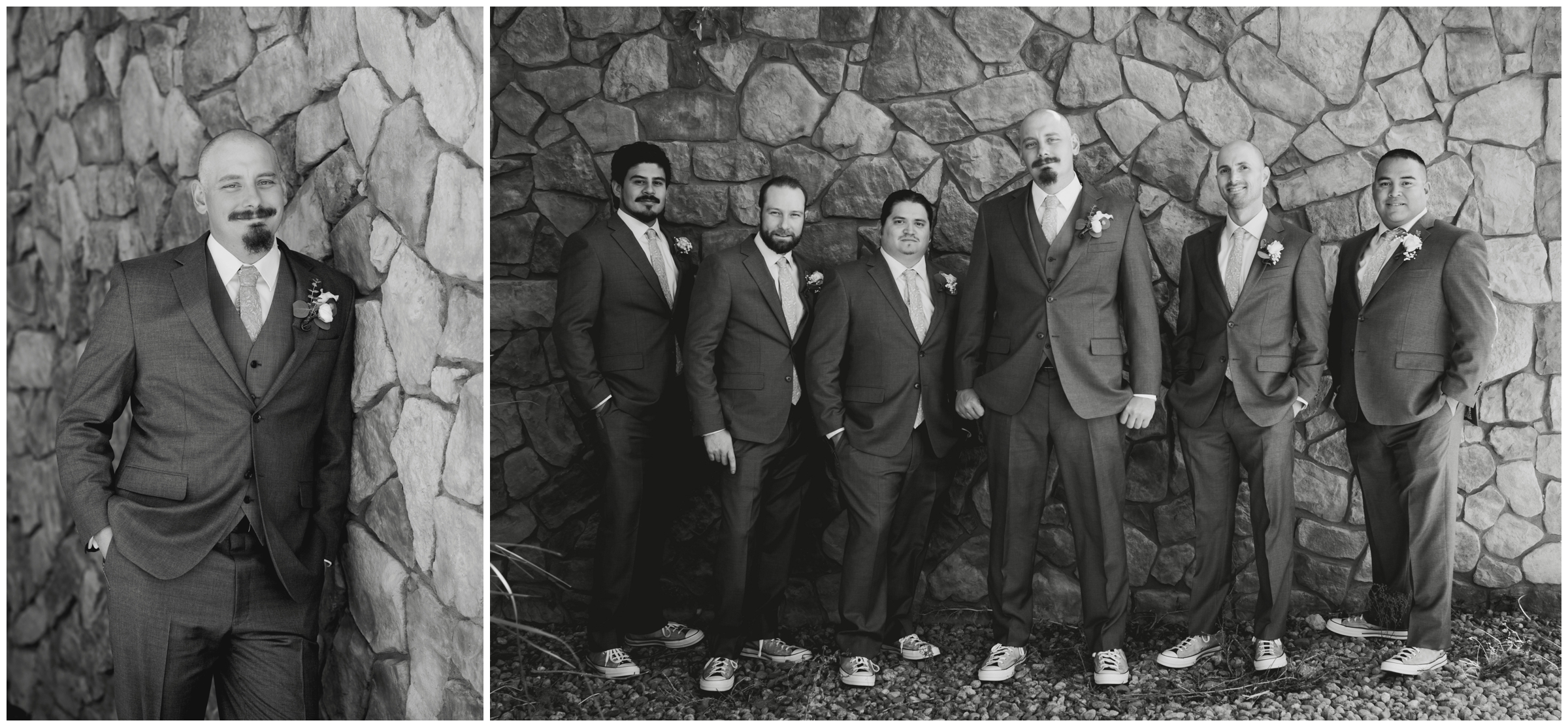 groom and groomsmen in gray suits and converse 