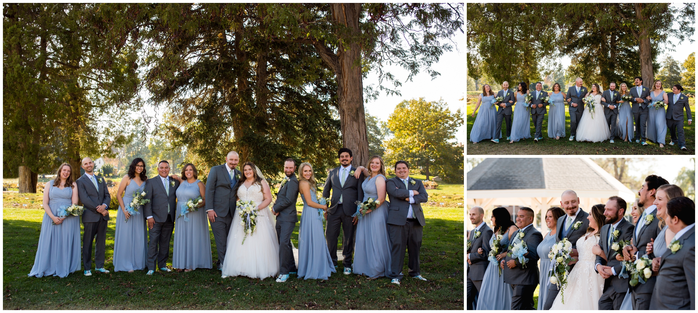 bridal party in gray and light blue at Fort Collins Colorado wedding 