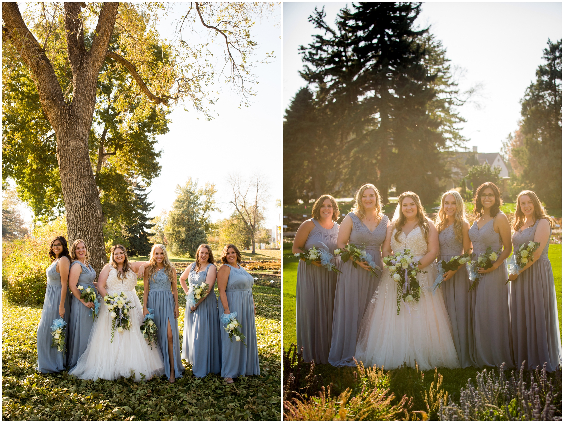 bridesmaids in long light blue dresses posing at Colorado garden wedding 
