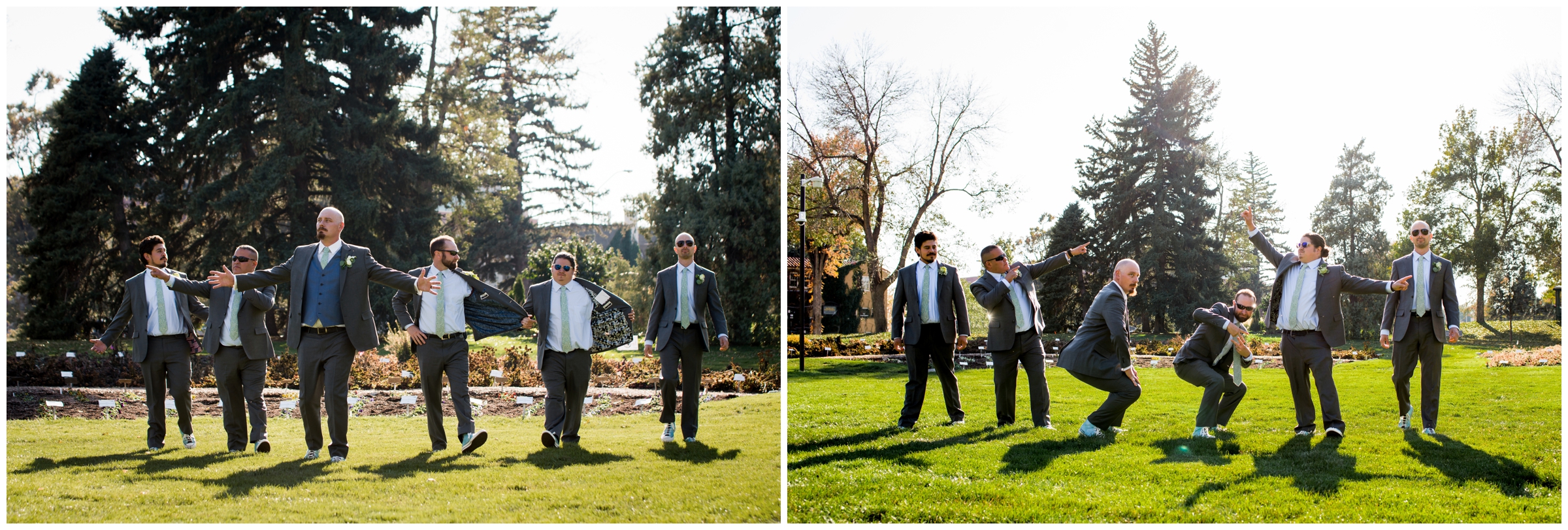 groomsmen walking through field at CSU trial gardens 