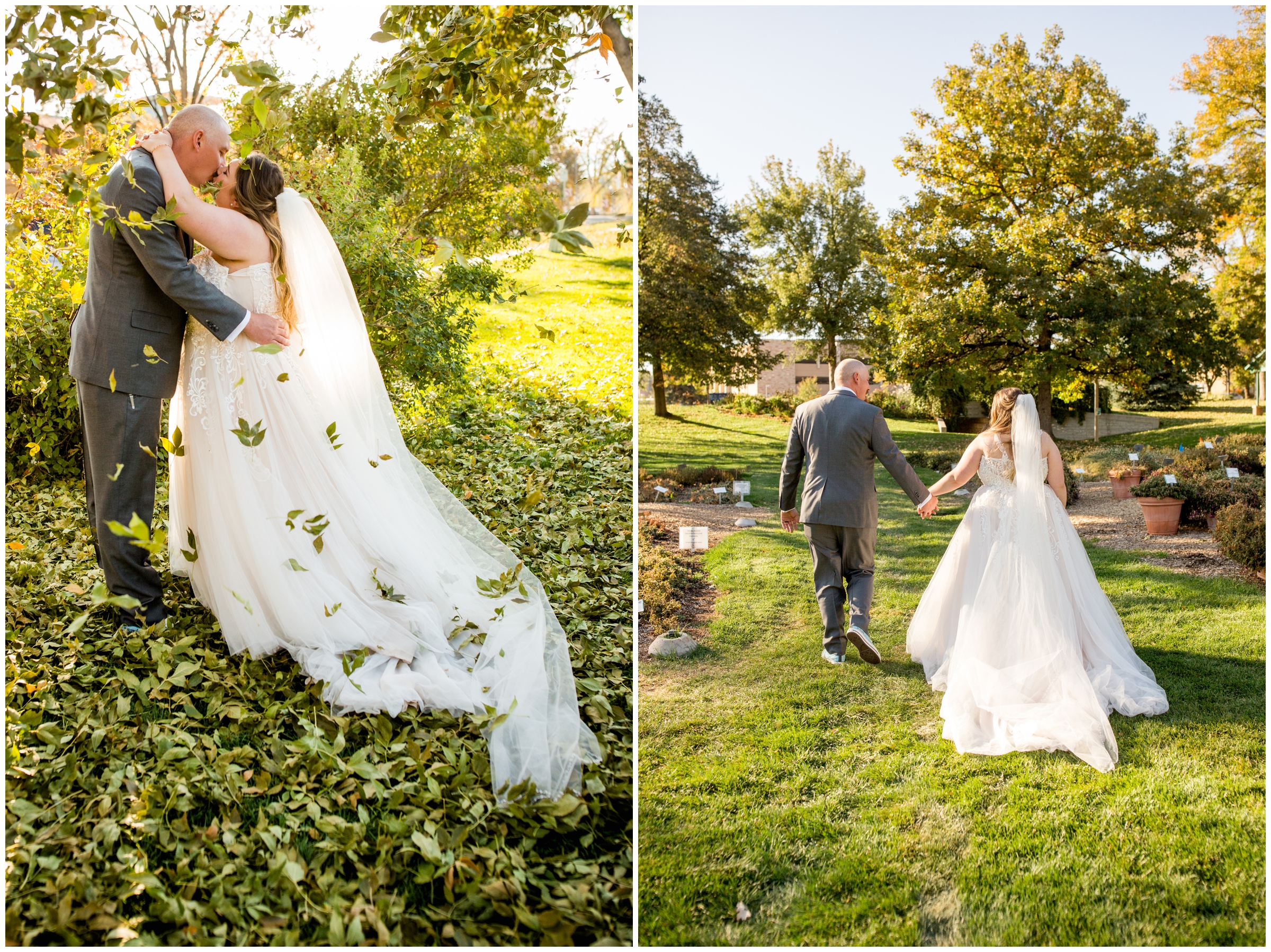 leaves falling on bride and groom during Fort Collins Colorado fall wedding photos 