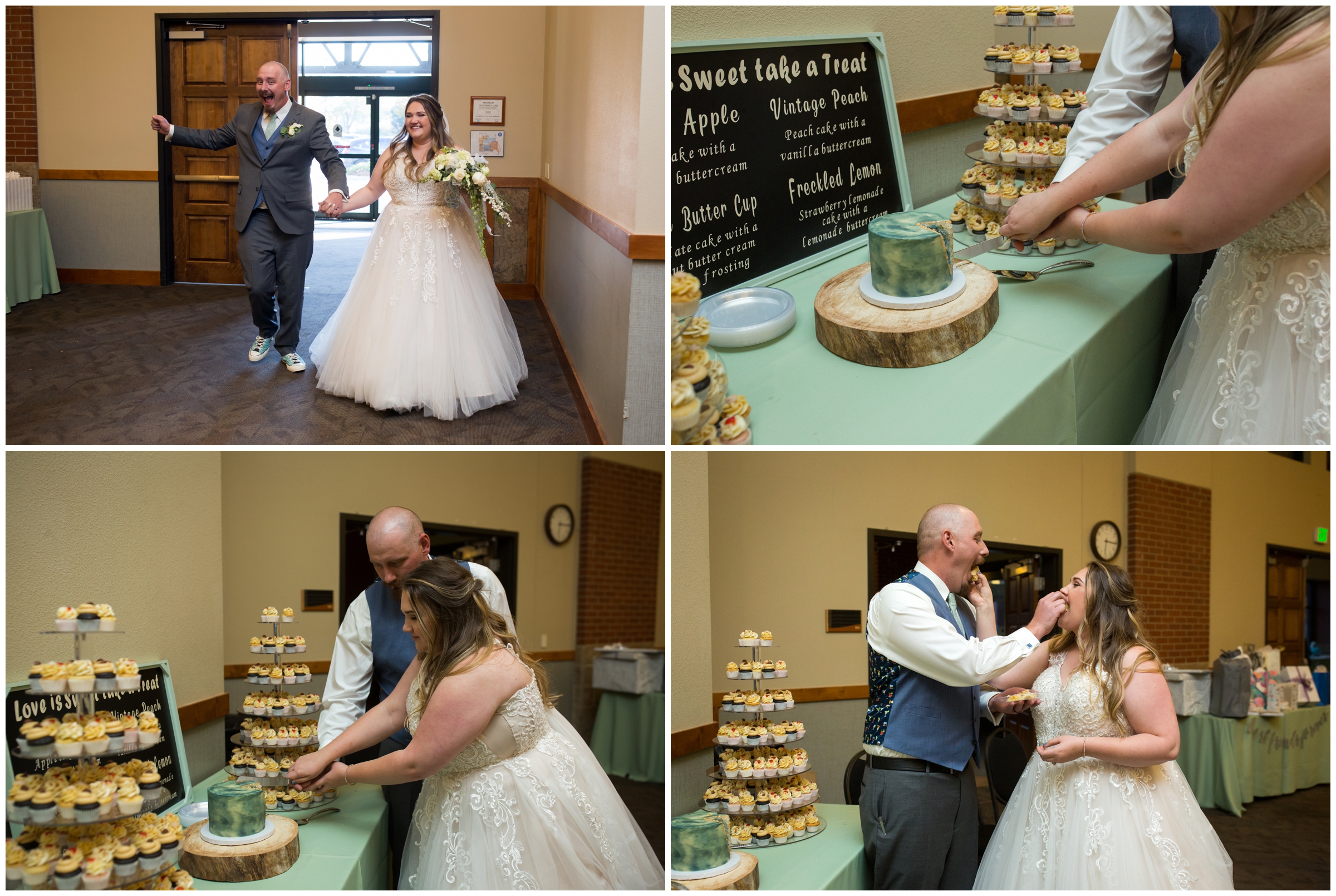 couple cutting geode cake at Drake Centre Colorado wedding reception 