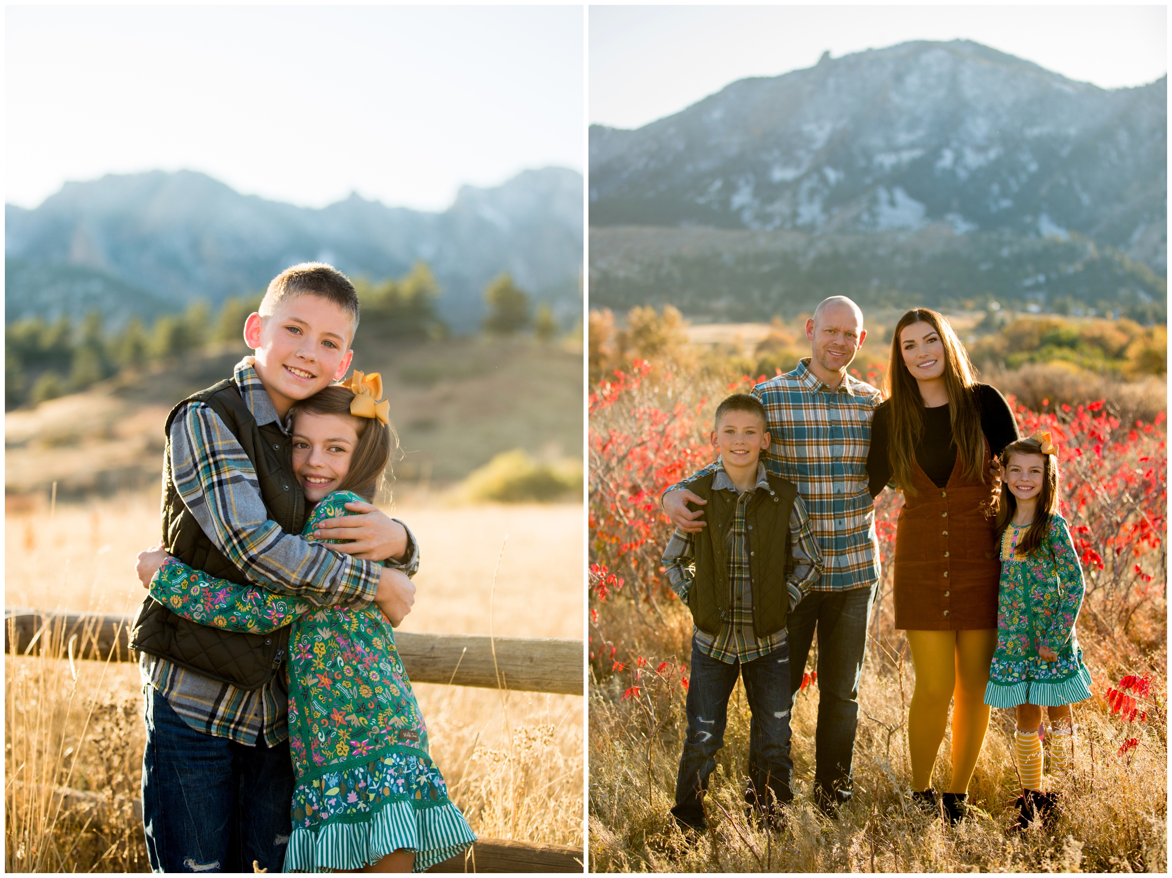 brother and sister hugging with mountains in background during Boulder fall family photography session 