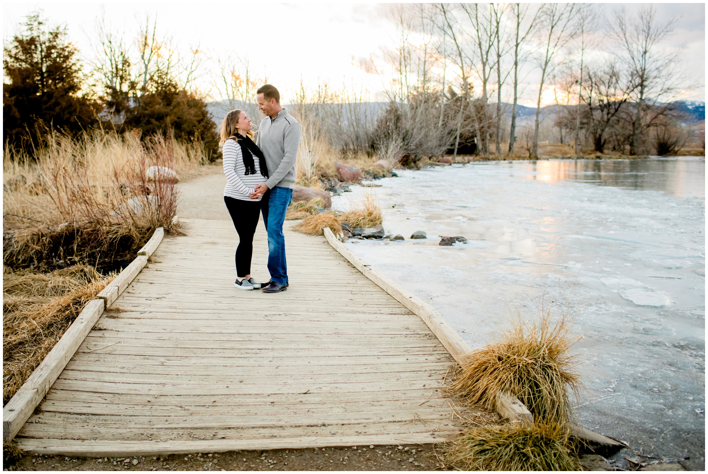 couple posing on bridge at Coot Lake Colorado 