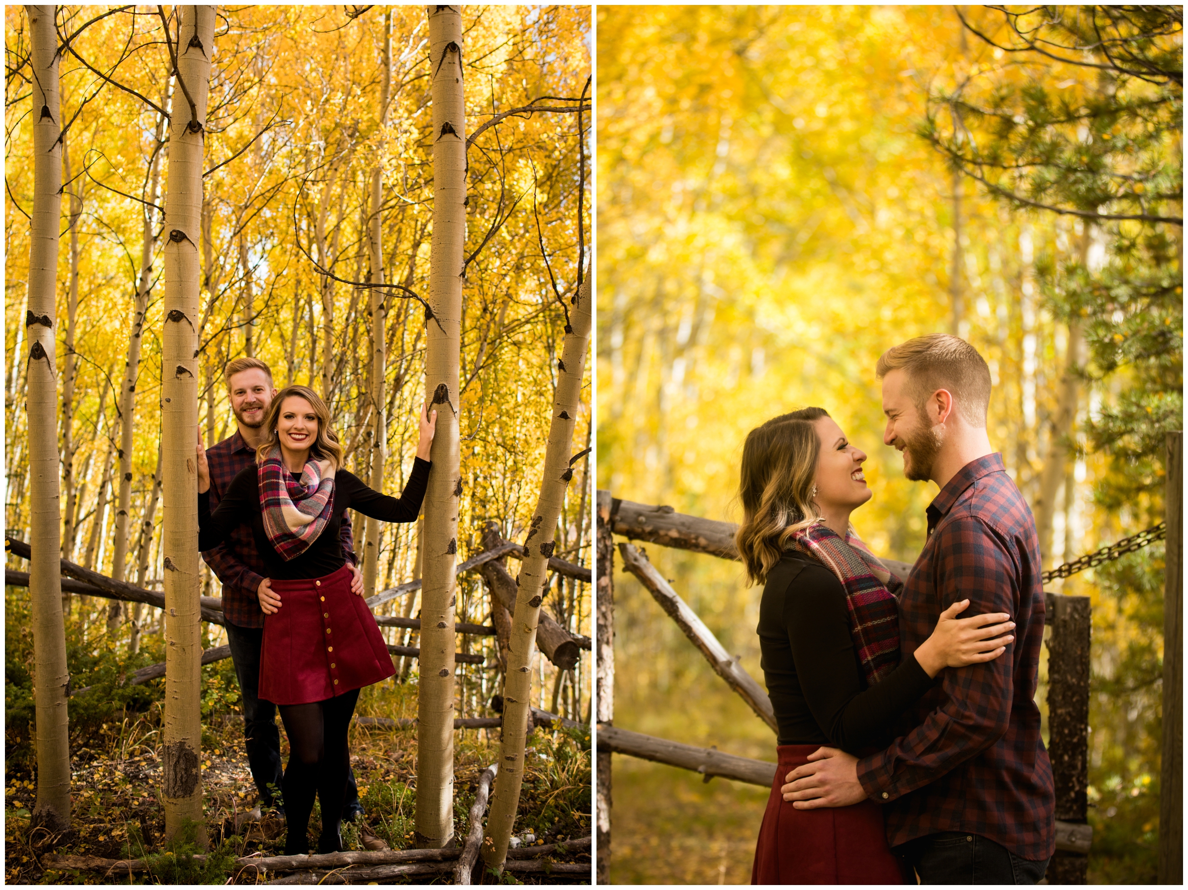 couple posing in aspen alley during Breckenridge fall engagement photos 