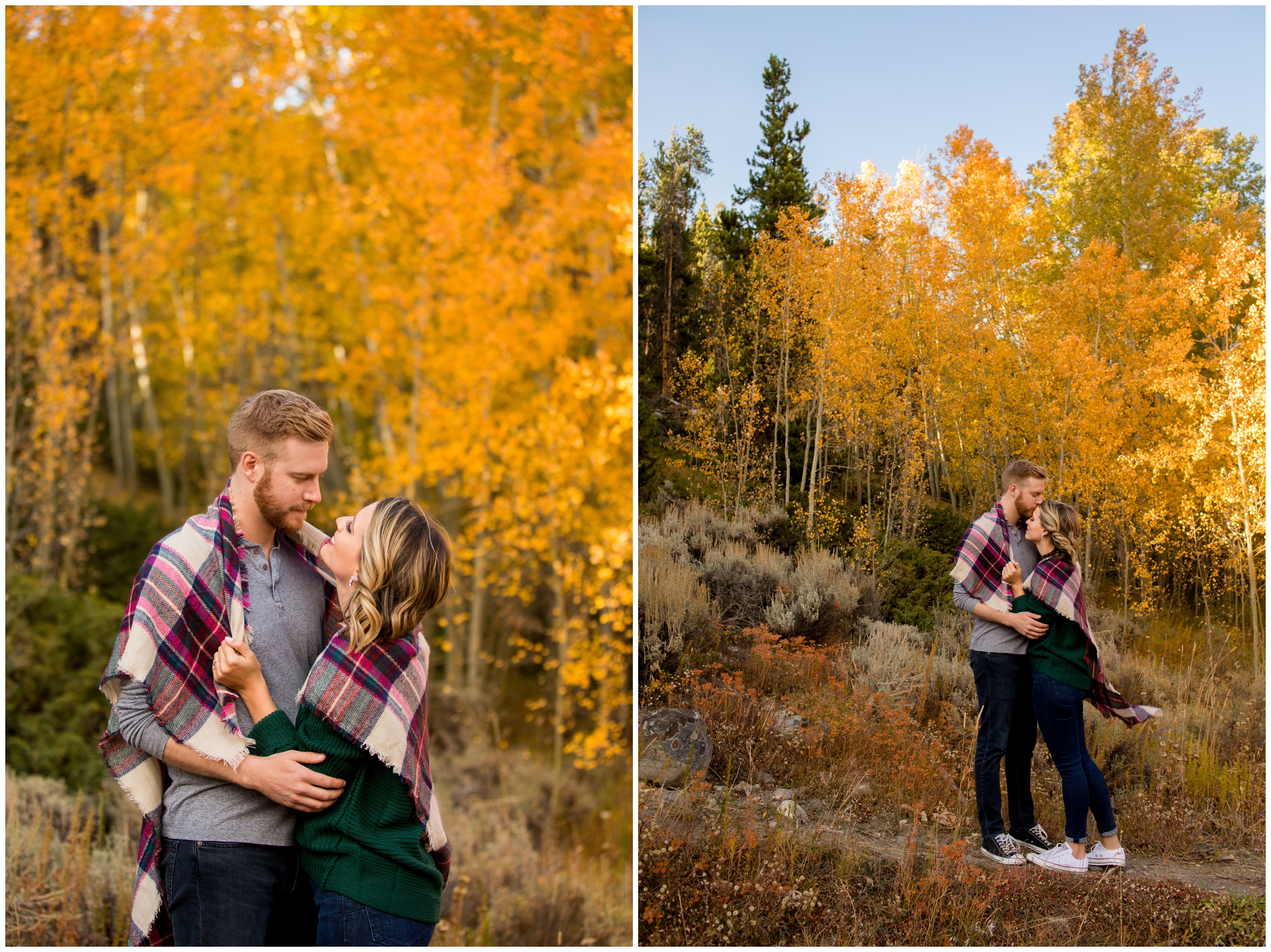 couple cuddling in blanket during Breckenridge fall engagement pictures 