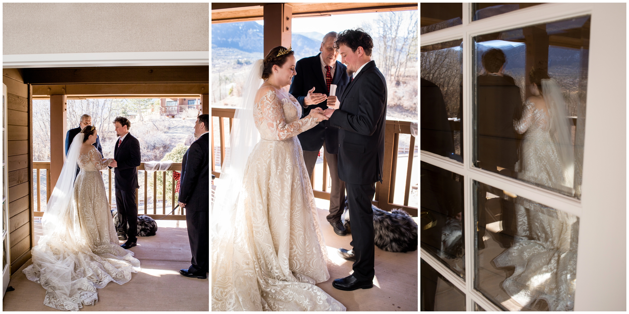 winter wedding ceremony on deck at Cheyenne Mountain in Colorado Springs 