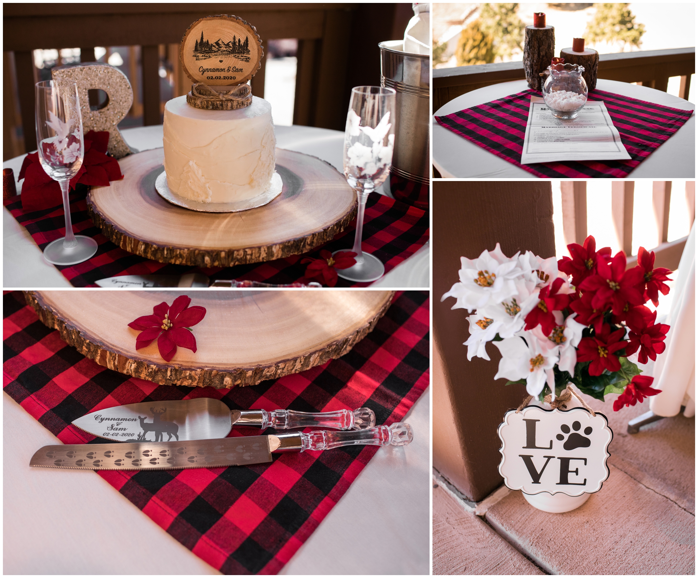 Colorado winter wedding reception details with red buffalo plaid 