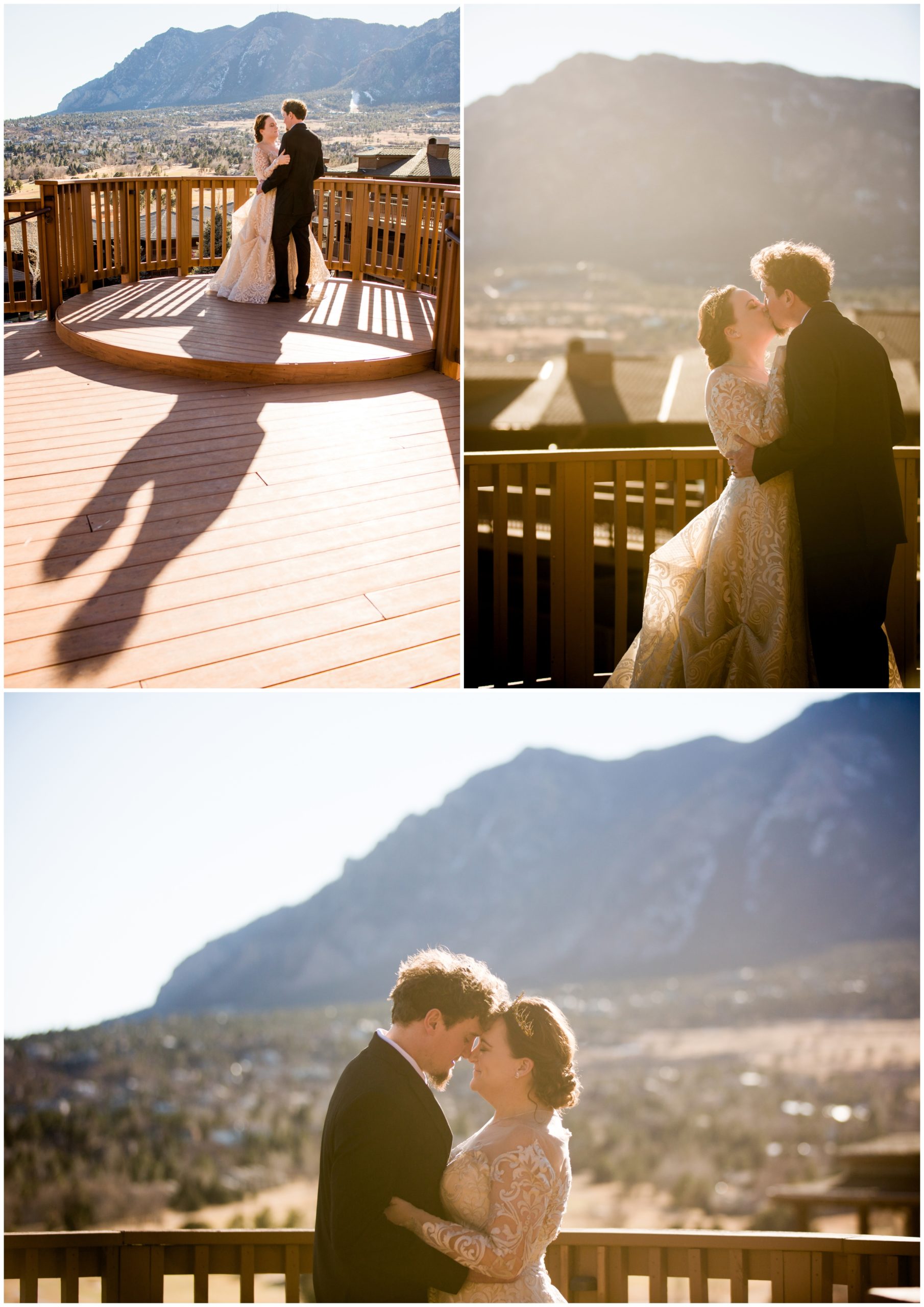 couple doing their first dance on the deck at Cheyenne Mountain resort wedding reception 