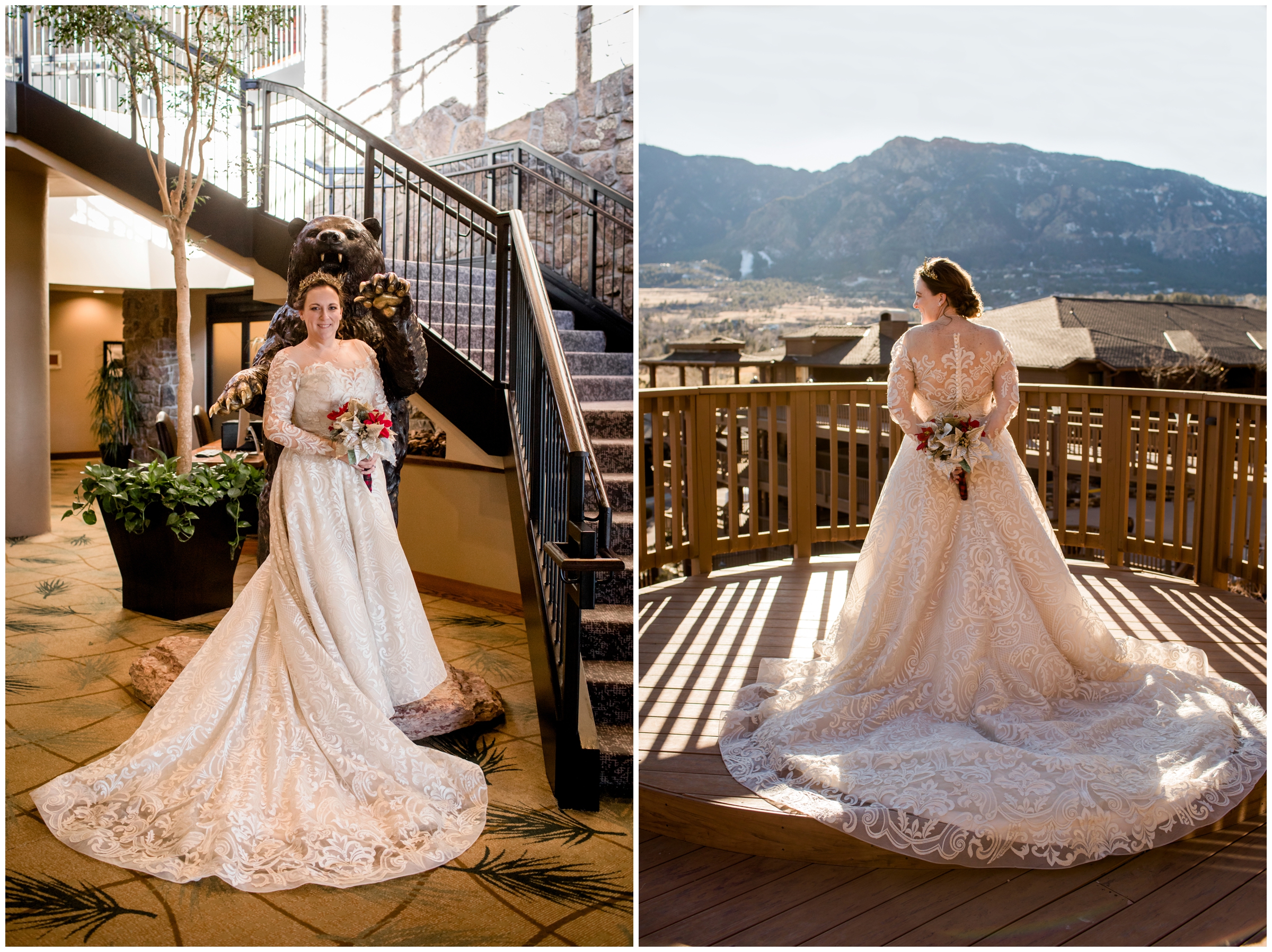 bride with long wedding dress train and mountains behind at Colorado Springs wedding 