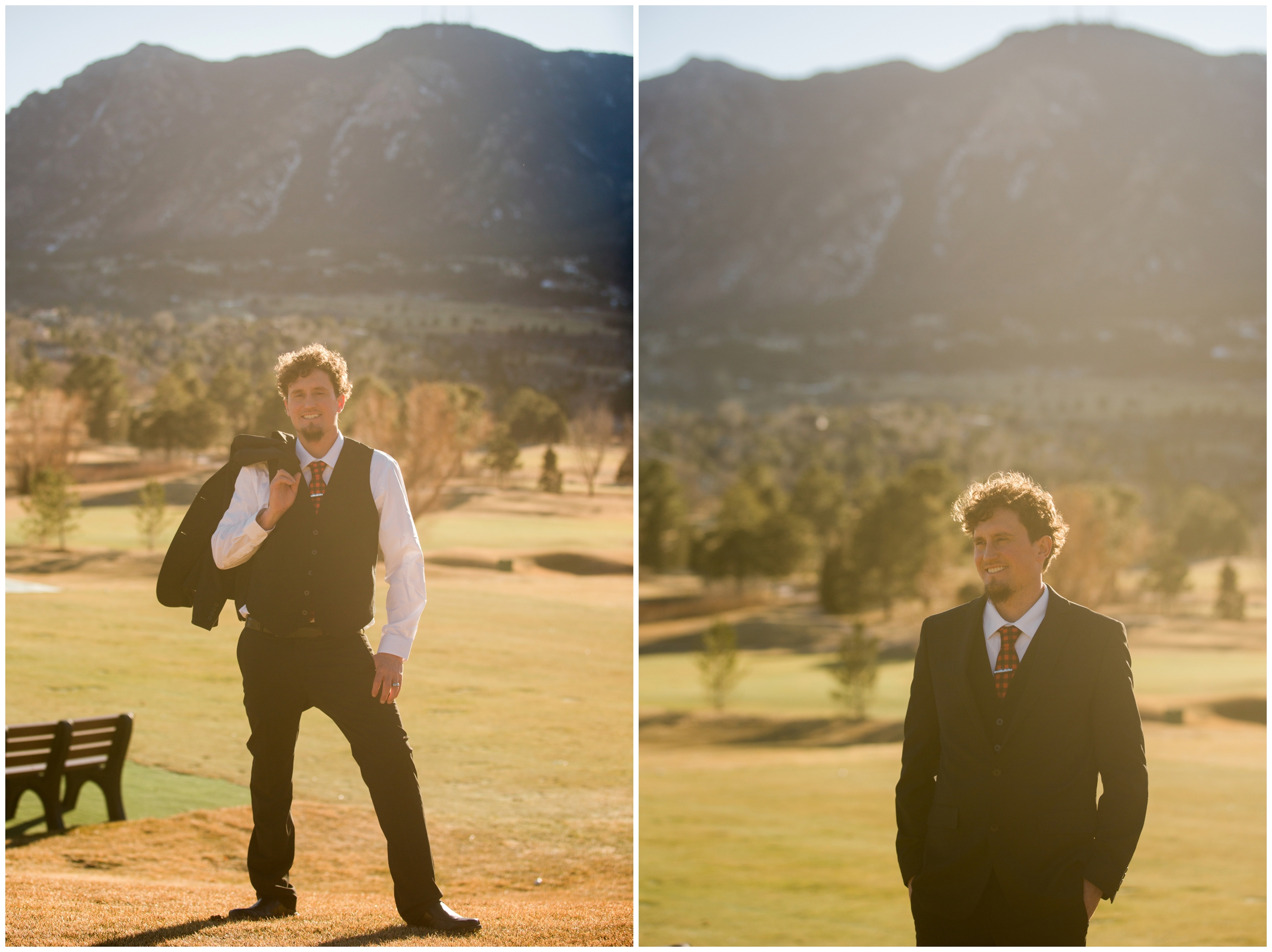 groom posing with mountains in background at Colorado Springs winter wedding 