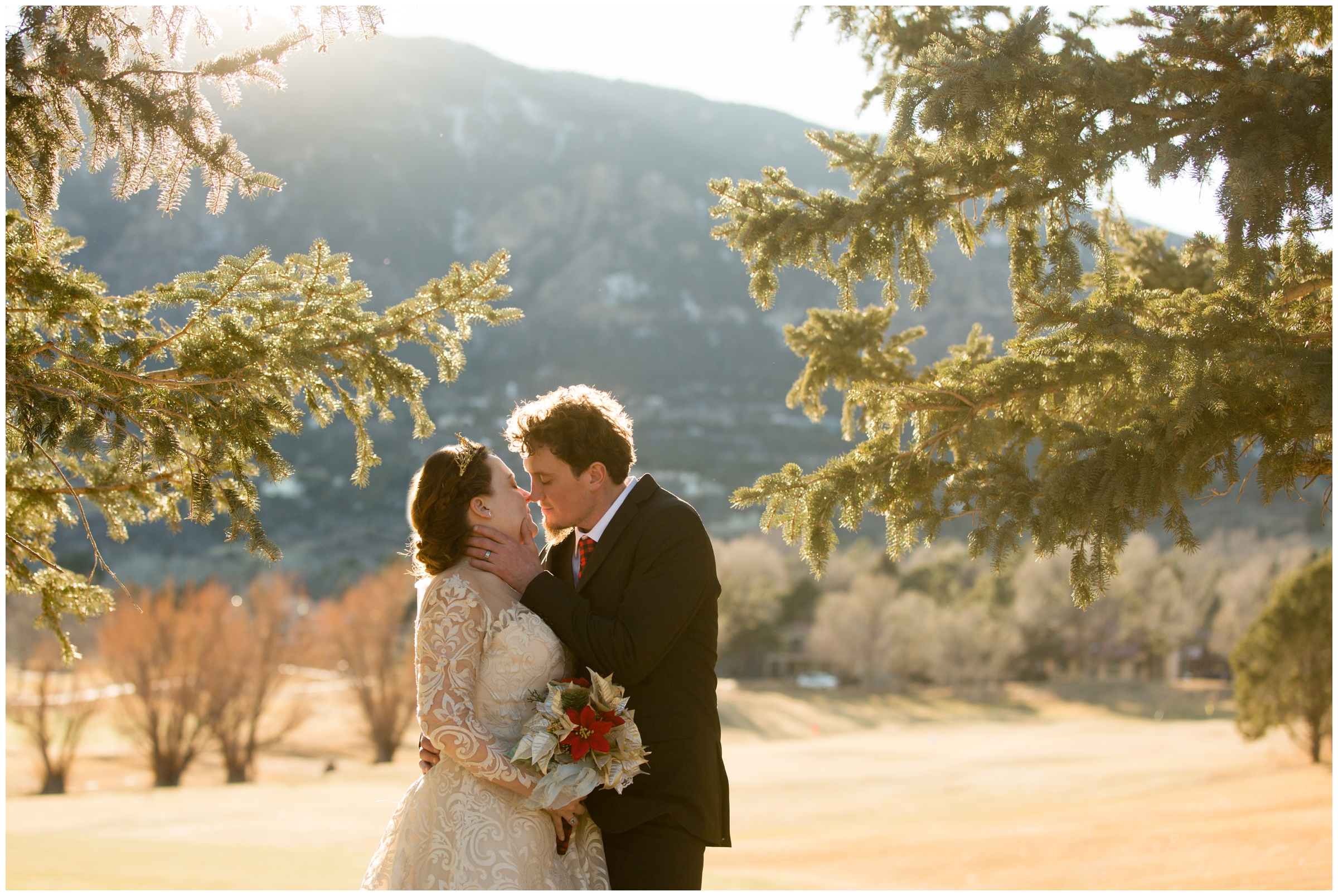 sunny winter wedding photos on a golf course in Colorado Springs