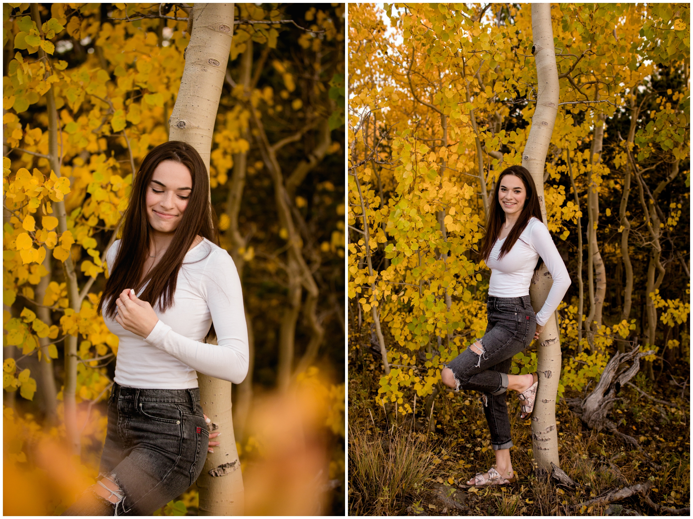 teen posing in aspen grove during Colorado fall senior photos in the mountains 